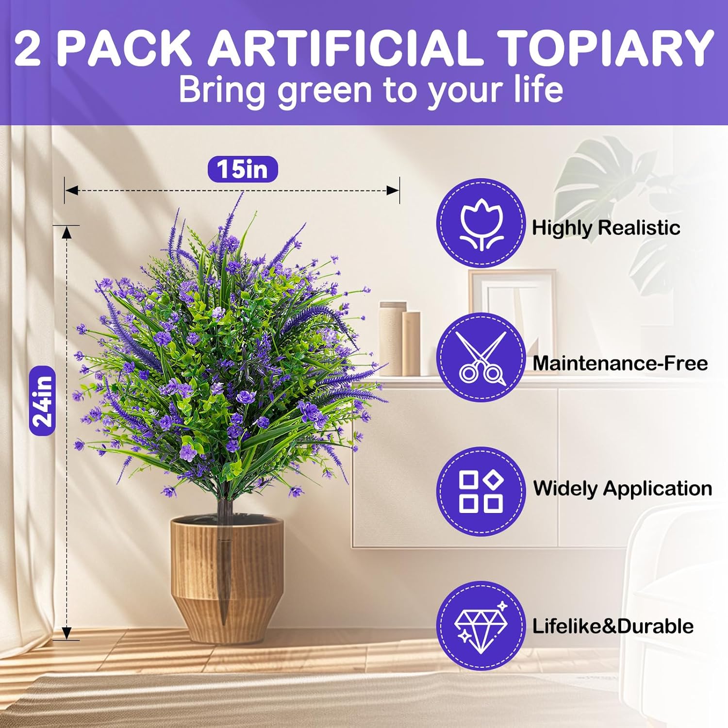 Alternative view of Artificial Boxwood Topiary Ball Trees with Ground Spikes UV Resistant Faux Greenery Shrubs Fake Shrubs for Outdoors, Realistic Faux Plants Bushes for Garden Porch Yard Patio Decor (Purple Flower)