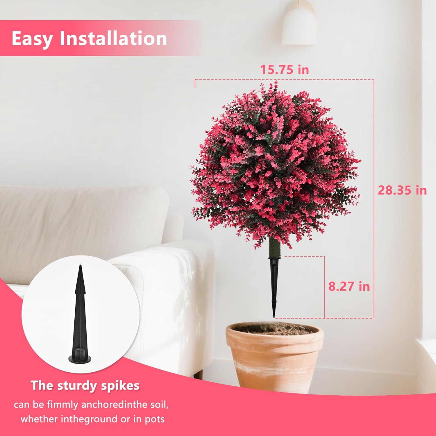 Alternative view of 28" Set of 2 Artificial Boxwood Topiary Ball Bush for Outdoor with Ground Spike, UV Resistant Faux Greenery Shrubs, Fake Rose&Green Boxwood Plants for Garden, Yard, Porch, Patio Decor