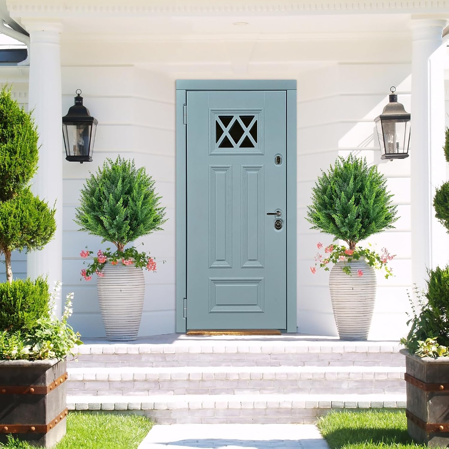 24.5Inch Artificial Cedar Topiary Ball Trees Set of 4 - UV Resistant Faux Shrub Bushes with Ground Spike, Indoor/Outdoor Artificial Plants for Front Porch, Garden, Patio & Planters