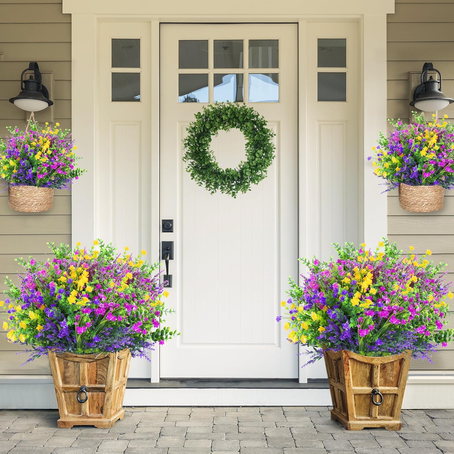 Sggvecsy Artificial Flowers for Outdoors 24 Bundles UV Resistant Boxwood Shrubs Artificial Eucalyptus Fake Plants Faux Plastic Greenery for Farmhouse Garden Indoor Outdoor Home Decoration（Mixed color）