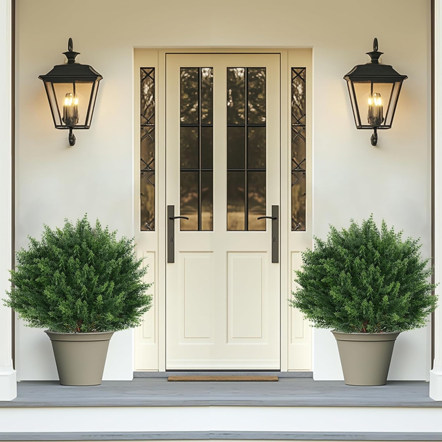 Grooy Artificial Cypress Topiary Tree with Ground Spike, Set of 2 Artificial Shrub Bushes, Fake Evergreen Tree for Porch, Artificial Plants for Outdoor Planters Indoor UV Resistant