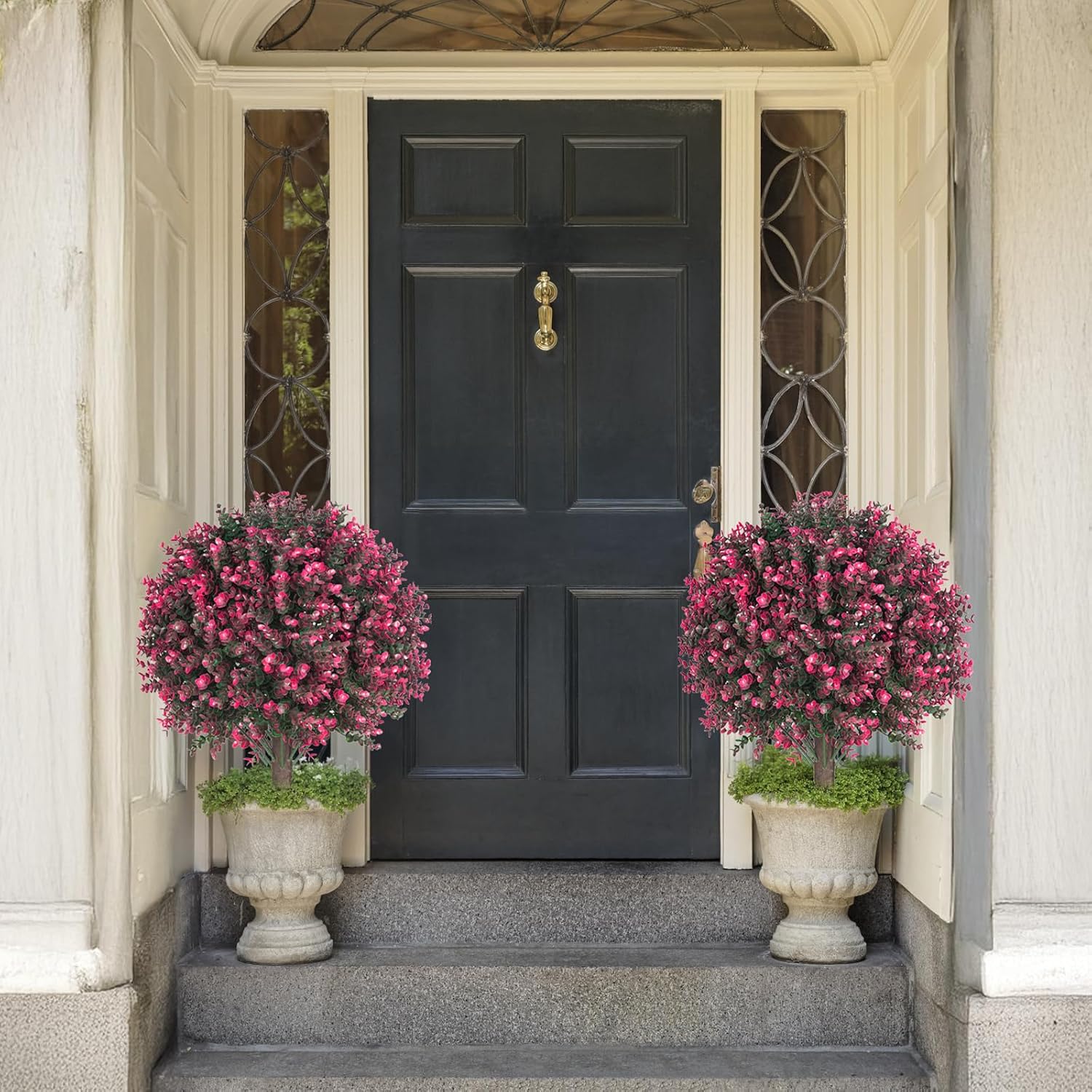 AOKIIE Set of 2 Artificial Rose Boxwood Topiary Ball Bush for Outdoor with Ground Spike 22", UV Resistant Faux Greenery Shrubs, Fake Rose&Green Boxwood Plants for Garden, Yard, Porch, Patio Decor