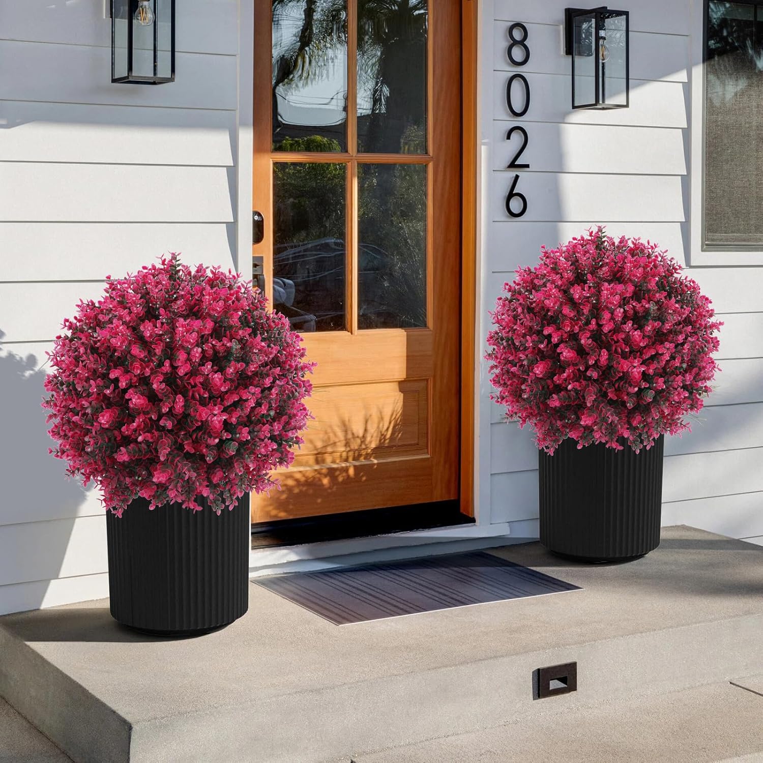 Artificial Red Eucalyptus Topiary Ball Tree 24" with Ground Spike, Set of 2 Artificial Boxwood Bushes for Faux Shrubs, Fake Evergreen Faux Plant for Indoor Outdoor Garden -UV Resistantu2013Fade-Proof