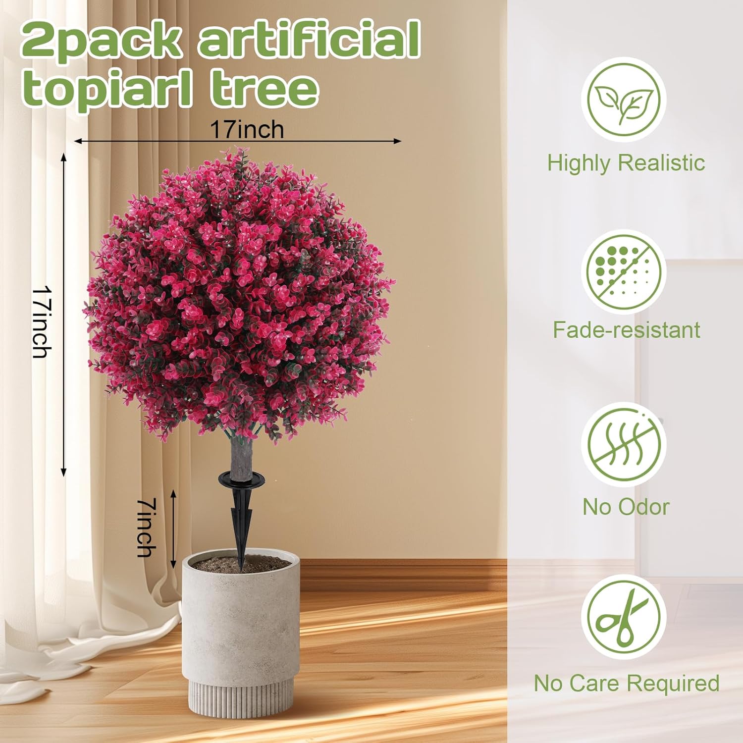 Alternative view of Artificial Red Eucalyptus Topiary Ball Tree 24" with Ground Spike, Set of 2 Artificial Boxwood Bushes for Faux Shrubs, Fake Evergreen Faux Plant for Indoor Outdoor Garden -UV Resistantu2013Fade-Proof