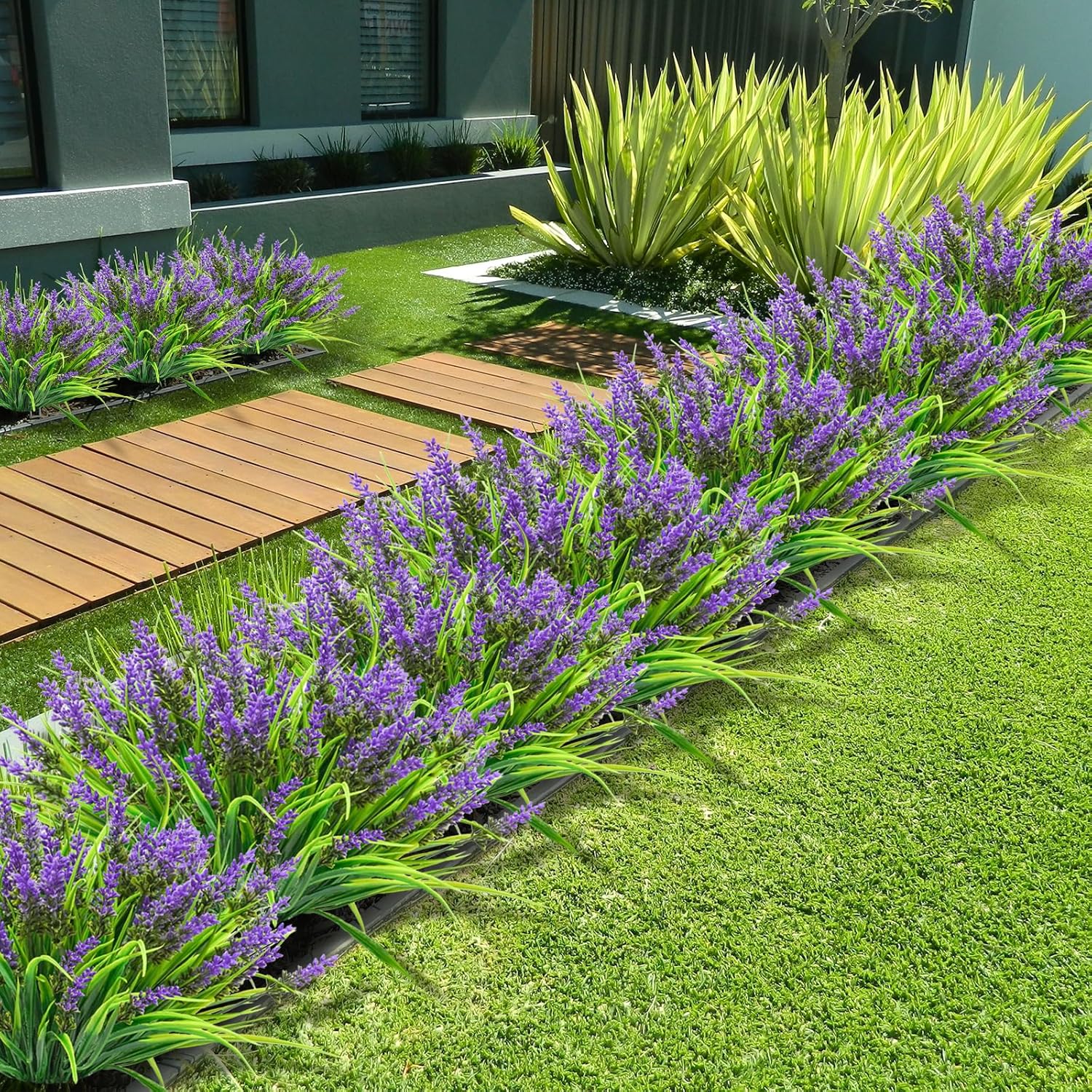 obbsie 12 Bundles Artificial Plants Outdoor, 18.2" UV Resistant Faux Monkey Grass Greenery Stems No Fade Faux Plastic Flowers Shrubs for Home Weddings Garden Porch Front Patio Office Decor - Purple