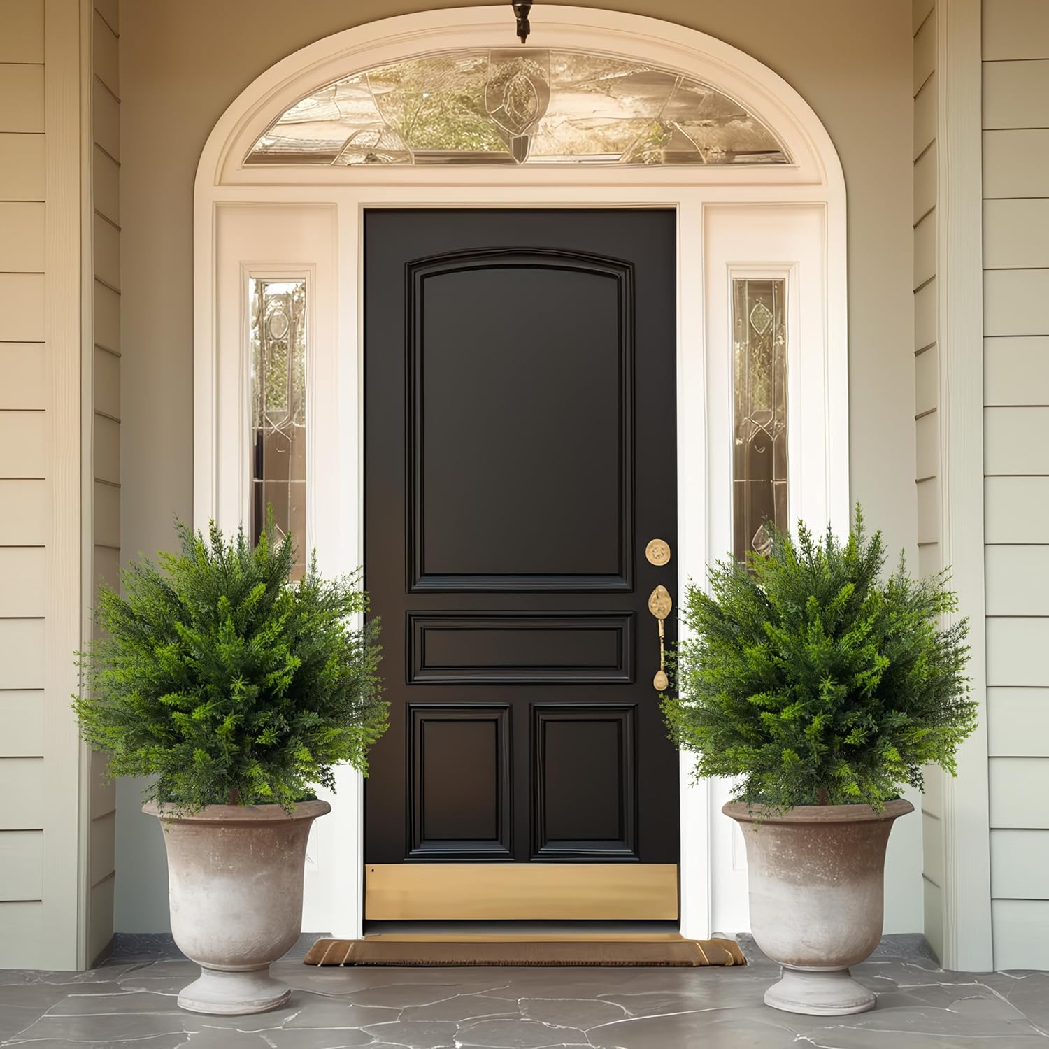 NSOPB 24.5 Inch (H) Artificial Cedar Topiary Ball Trees, Set of 4 Fake Shrub Bushes with Ground Spike, UV Resistant Faux Cypress Greenery Decor for Outdoor Garden, Patio, Front Porch, and Indoor Use