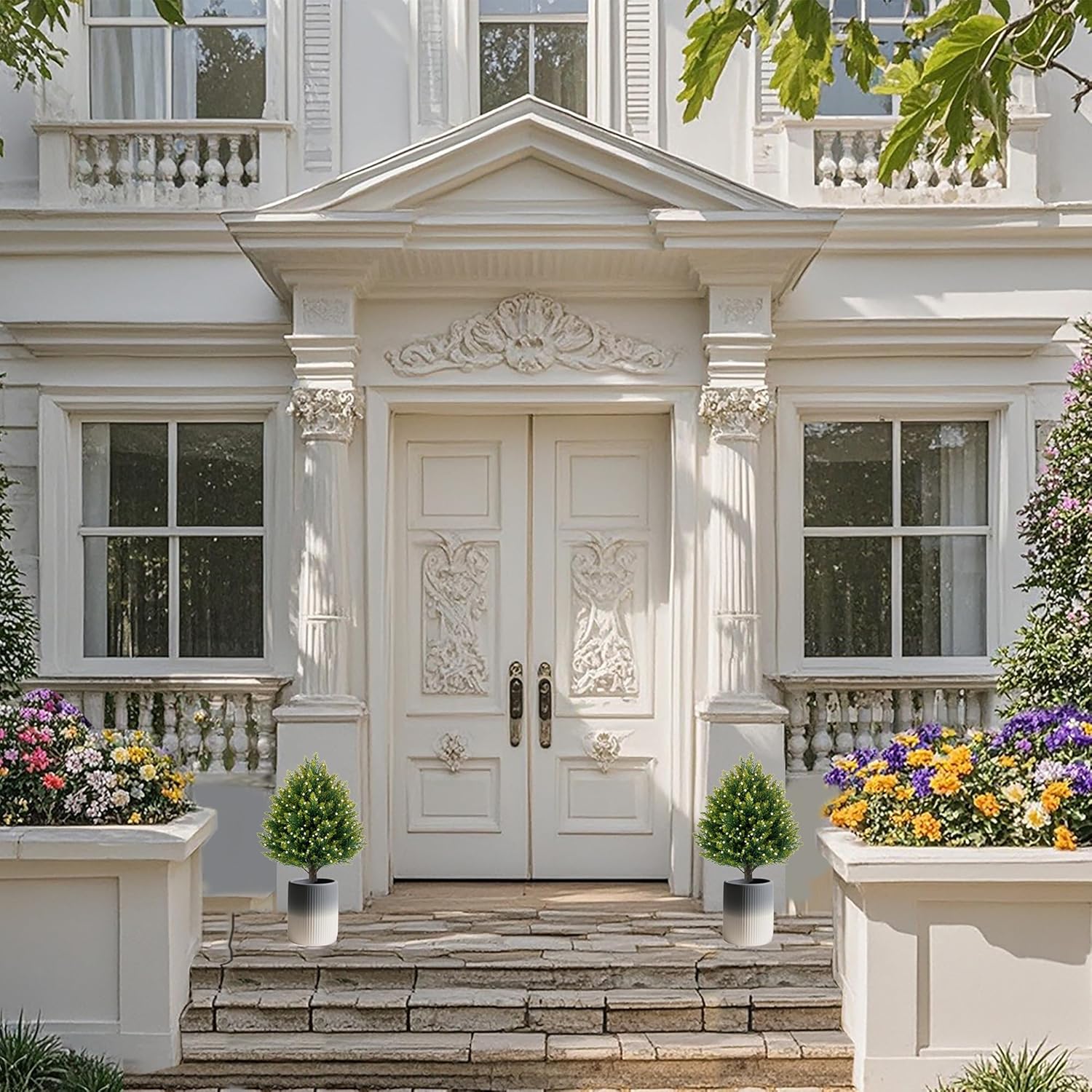 21'' Artificial White Berries Topiary Ball Trees with Ground Spike, UV Resistant Fake Plant Brush, 2 Pack Artificial Cedar Shrubs for Outdoor Indoor Front Porch Garden