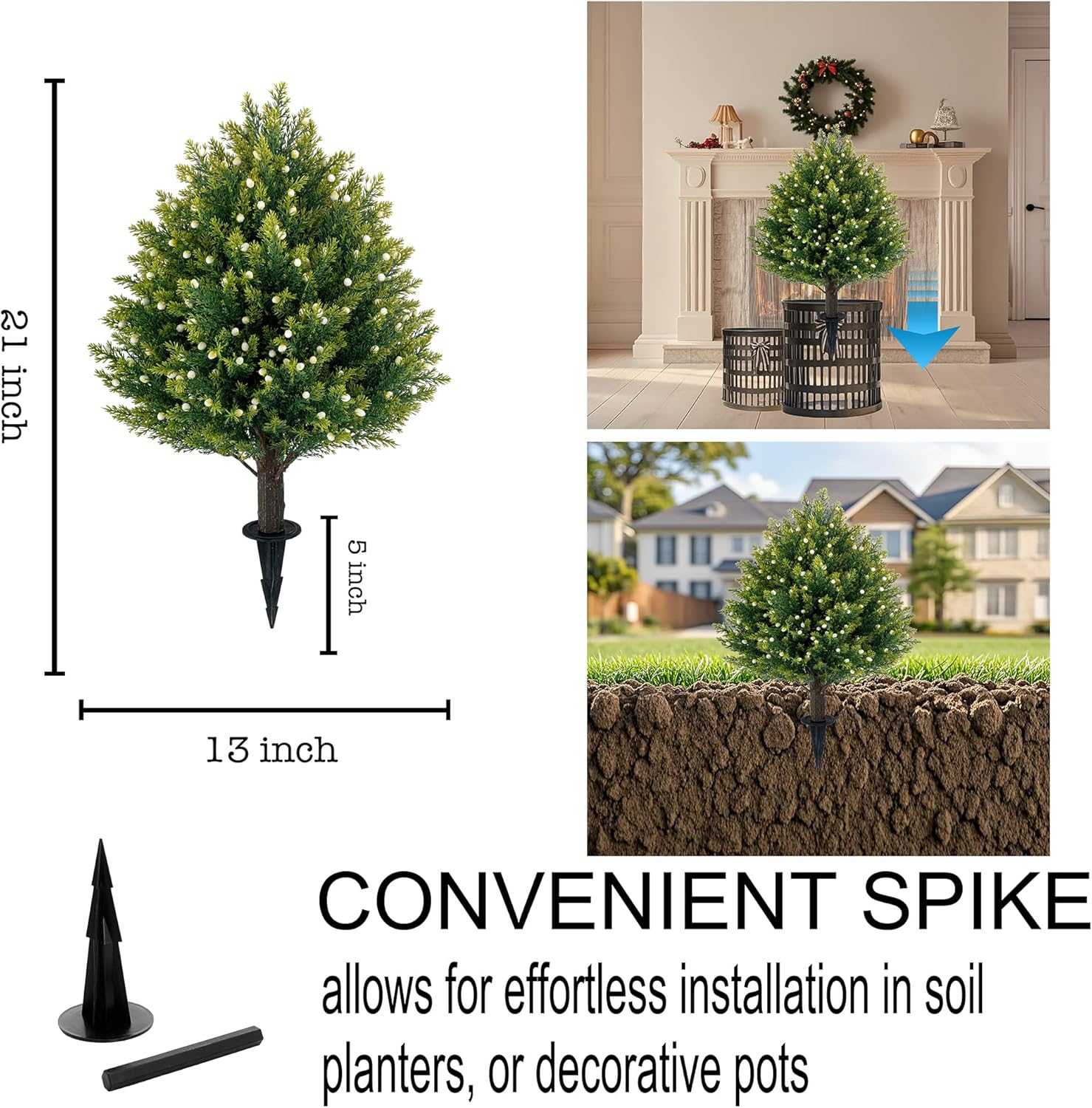 Alternative view of 21'' Artificial White Berries Topiary Ball Trees with Ground Spike, UV Resistant Fake Plant Brush, 2 Pack Artificial Cedar Shrubs for Outdoor Indoor Front Porch Garden