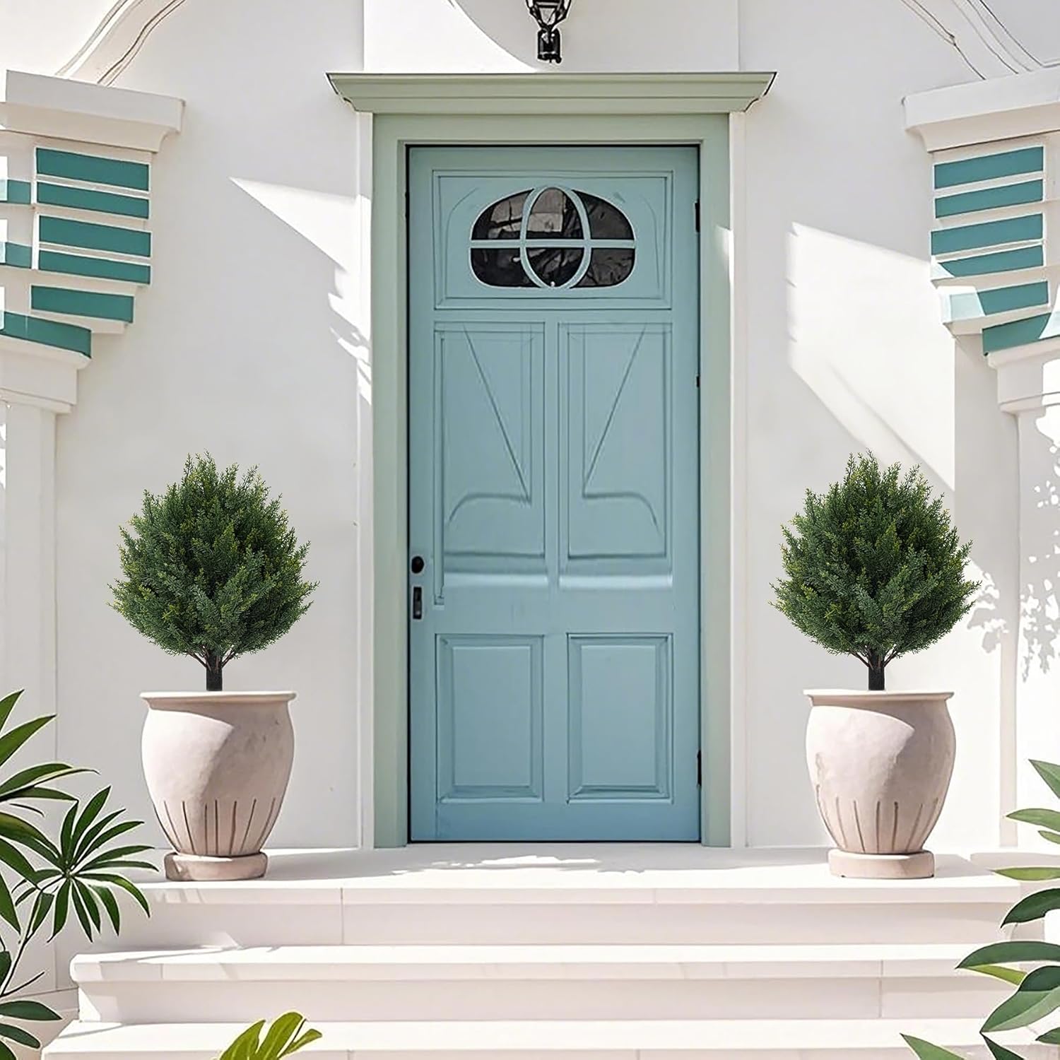 24" Artificial Cypress Topiary Tree with Ground Spike, Fake Shrubs UV Resistant Artificial Cedar Bushes, Set of 2 Faux Plants for Indoor Outdoor Front Porch Garden