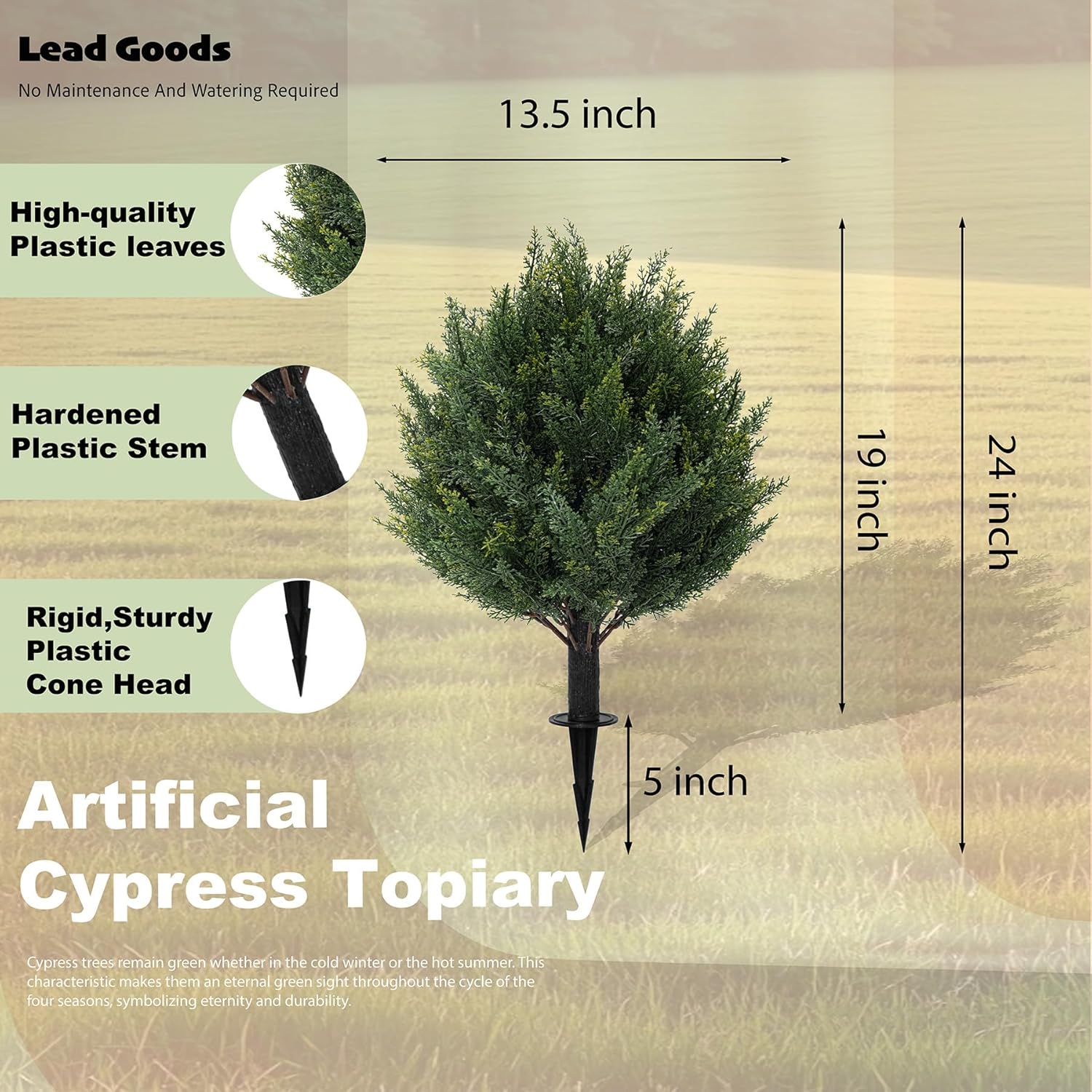Alternative view of 24" Artificial Cypress Topiary Tree with Ground Spike, Fake Shrubs UV Resistant Artificial Cedar Bushes, Set of 2 Faux Plants for Indoor Outdoor Front Porch Garden
