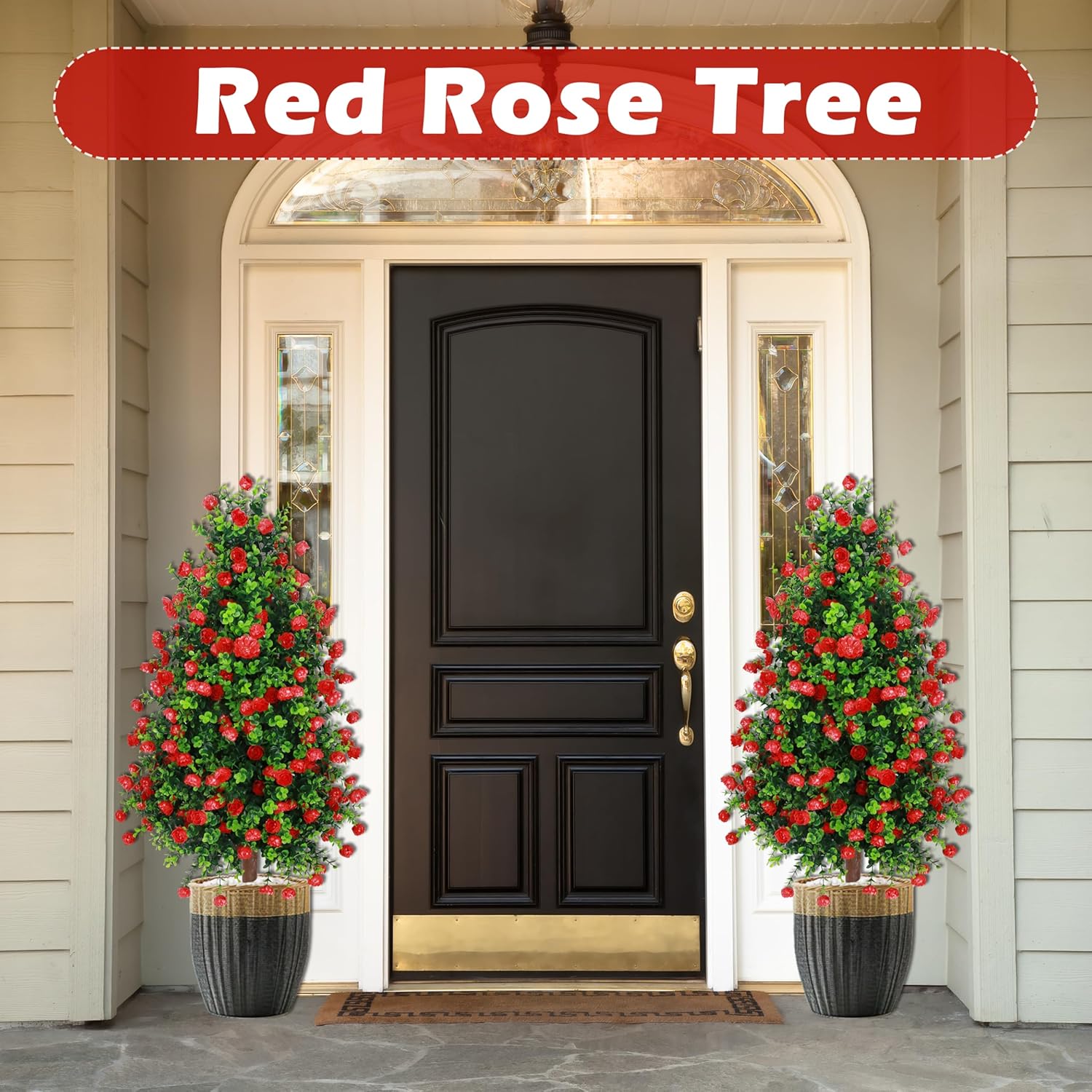 Sunnyglade 2 Packs 27.5" Artificial Rose Tree, Fake Rose Shrub Bushes Trees with Spike Faux Topiary Plants Tree for Indoor, Garden, Yard, Porch, Patio Decor
