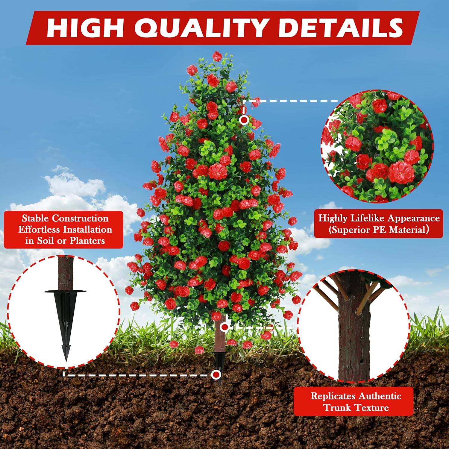 Alternative view of Sunnyglade 2 Packs 27.5" Artificial Rose Tree, Fake Rose Shrub Bushes Trees with Spike Faux Topiary Plants Tree for Indoor, Garden, Yard, Porch, Patio Decor