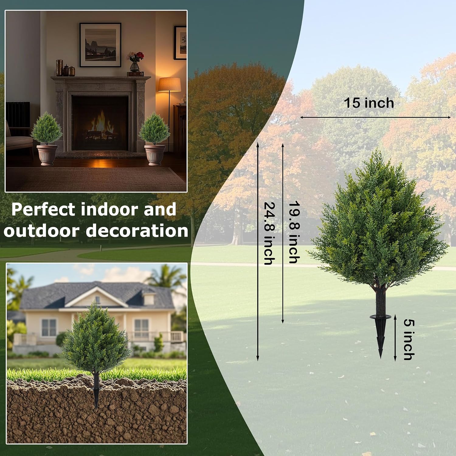 Alternative view of 24.8" Artificial Cedar Topiary Ball Trees with Ground Spike, Set of 2 Faux Cypress Plants UV Resistant Artificial Pine Shrubs Fake Bushes for Outdoor Indoor Front Porch Garden