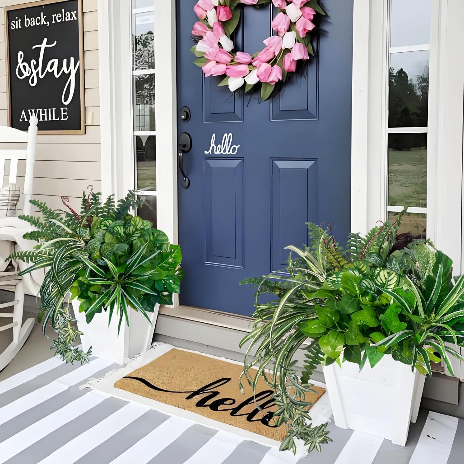 KAFDY Artificial Plants Fake Greenery for Outdoor Porch Planter, UV Resistant Faux Realistic Large Shrubs Bushes Plastic Green Filler for Spring Outside Front Door Patio Decoration, 8 Bundles