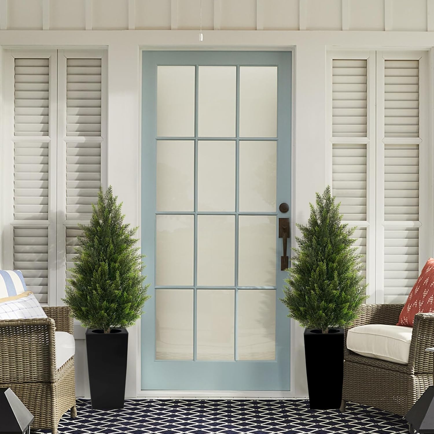 4FT Tall 2 Set Artificial Topiary Cedar Tree, Indoor Realistic Faux Cypress Plants with Square Flowerpot, Outdoor Evergreen Fake Shrubs for Home Living Room Front Porch Decor