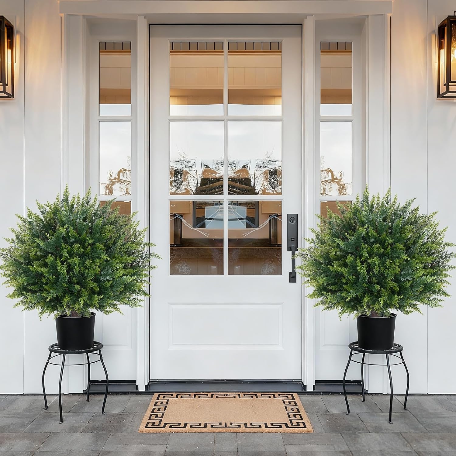 Waipfaru Artificial Plants Outdoor, 2Pcs 23'' Artificial Cedar Topiary with Ground Spike, UV-Resistant Fake Plants Fake Bushes Shrubs for Outdoor Indoor Garden Front Porch Decor