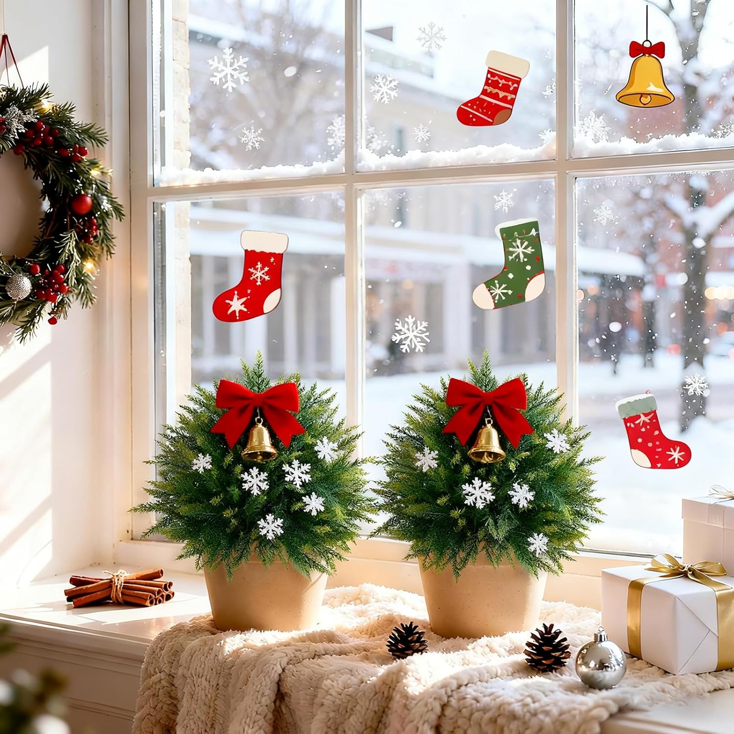 Artificial Cedar Topiary Trees with Ground Spike, 2 Pieces Fake Pine Shrubs Bushes, UV Resistant Faux Evergreen Cypress Tree Plants for Indoor Outdoor Planters Front Porch