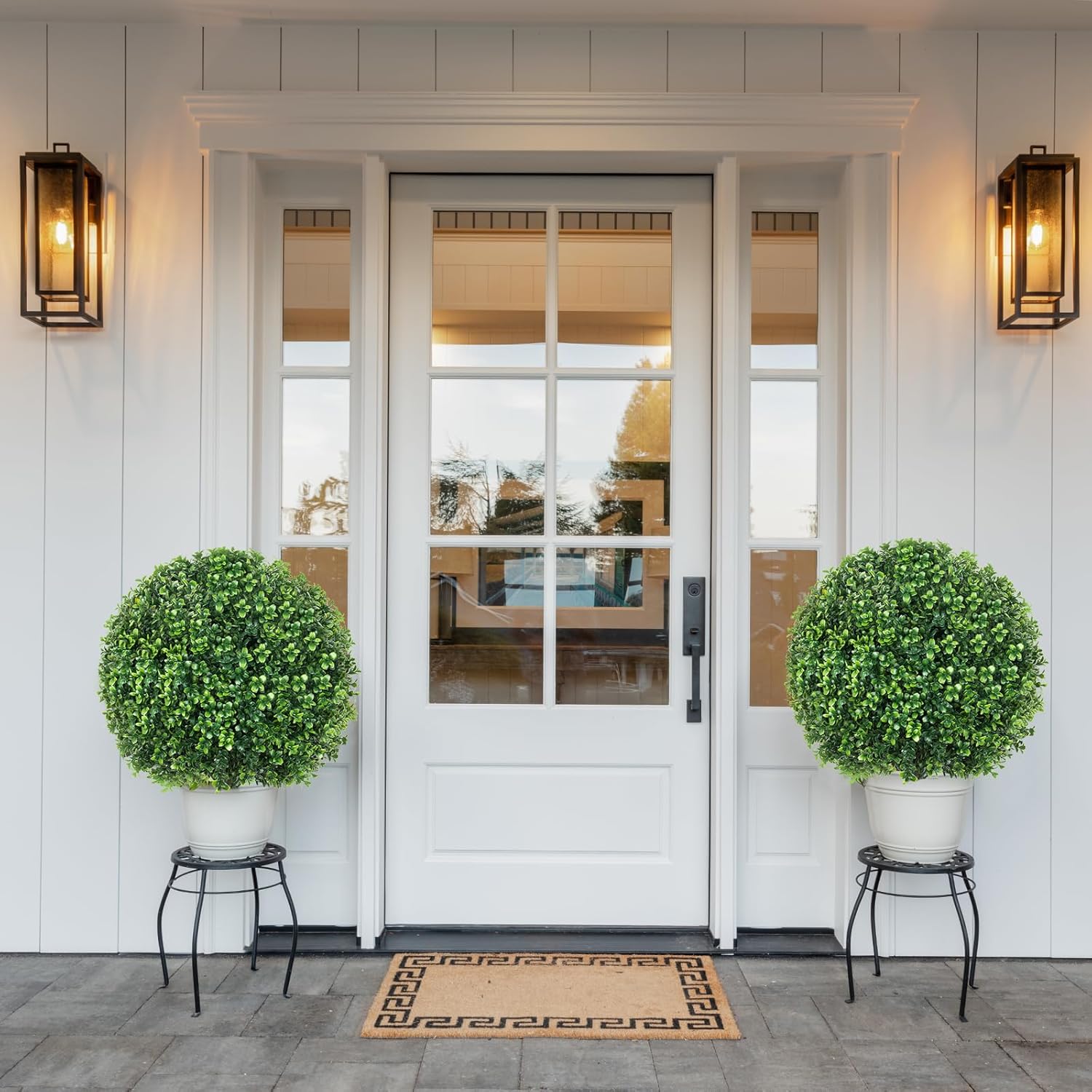 Hecaty 25.6" Artificial Boxwood Topiary Ball Trees: 2 Pack Fake Shrubs with Spike u2013 UV Resistant & Fade Resistant Faux Bushes, Evergreen Spring Artificial Plants for Outdoor Indoor Front Porch Garden