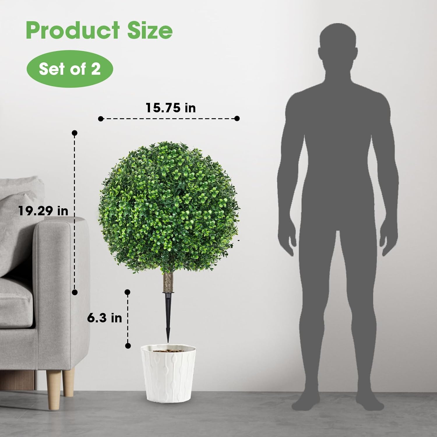 Alternative view of Hecaty 25.6" Artificial Boxwood Topiary Ball Trees: 2 Pack Fake Shrubs with Spike u2013 UV Resistant & Fade Resistant Faux Bushes, Evergreen Spring Artificial Plants for Outdoor Indoor Front Porch Garden