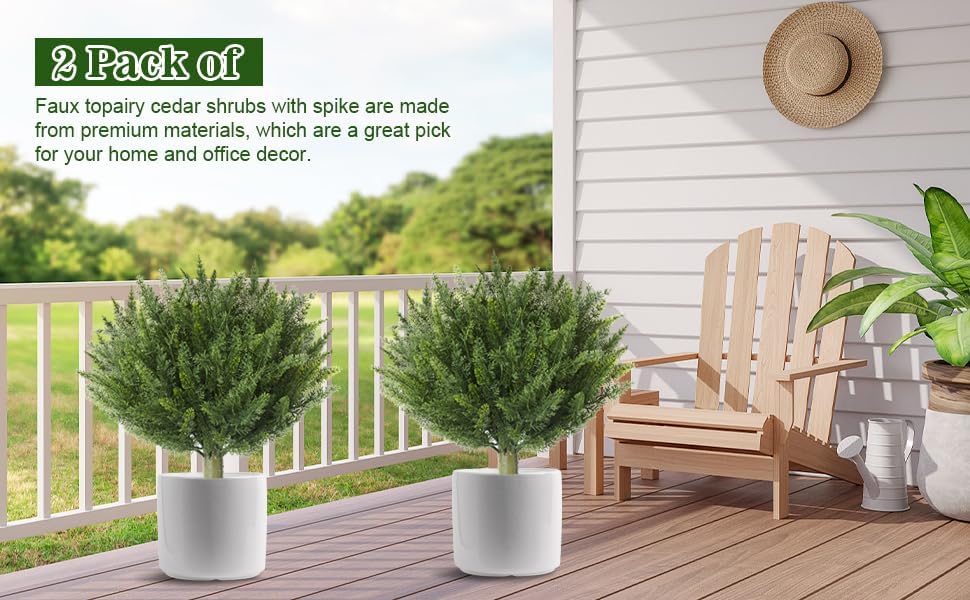 15.7" Christmas Fake Shrubs, Artificial Cedar Ball Tree Plant, 2 Packs of Fake Cedar Outdoor shrubs with Ground Spike, UV Resistant Fake shrubs, Used for Indoor and Outdoor Front Porch Gardens