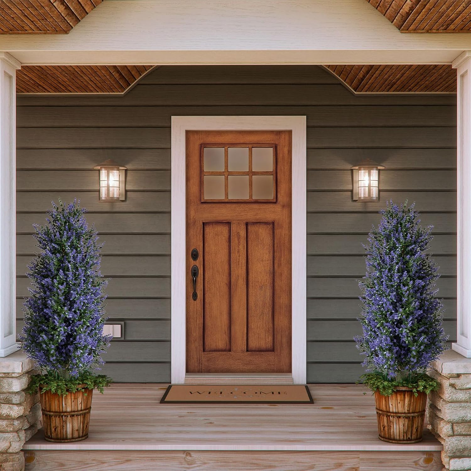 MGWILL 3FT Artificial Lavender Topiary Tree, Set of 2 Artificial Shrubs Fake Bushes with Spike, Faux Lavender Plants for Porch, Artificial Plants for Outdoor Planters Indoor UV Resistant