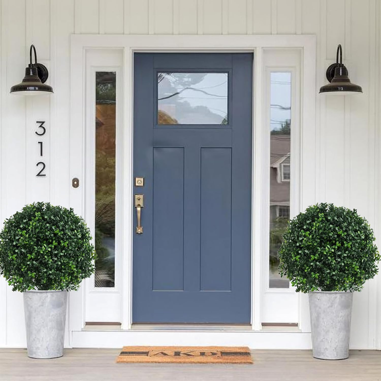 Grewyear Artificial Boxwood Topiary Ball Bush for Outdoor with Spike, Set of 2 UV Resistant Faux Boxwood Ball Tree with Stake, Weatherproof Fake Round Topiary Shrub Plant for Front Porch Planter