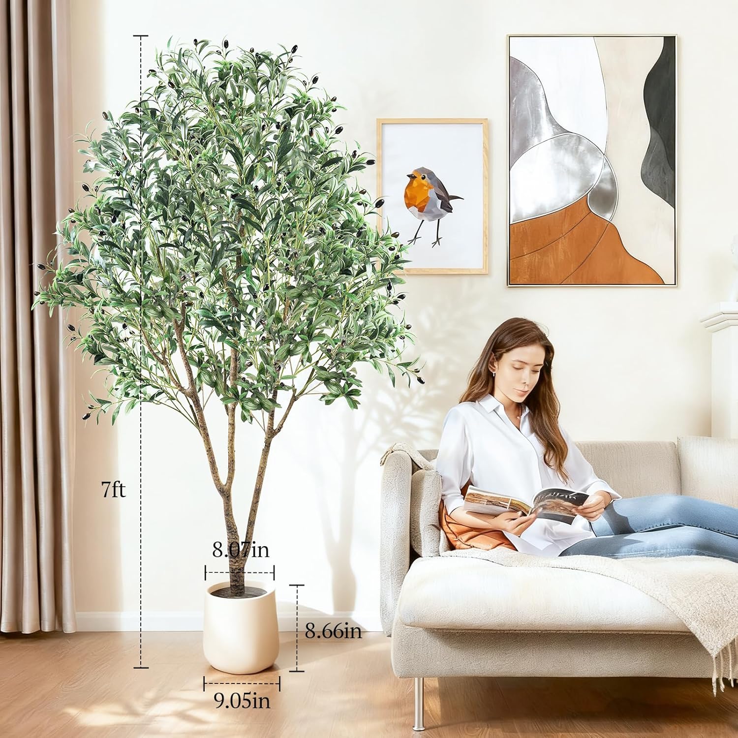Large Olive Trees Artificial Indoor 7FT, Upgraded Faux Olive Tree with Realistic Leaves and Fruits, Heavy Base, Modern Fake Faux Plants for Home/Office Decor Gifts