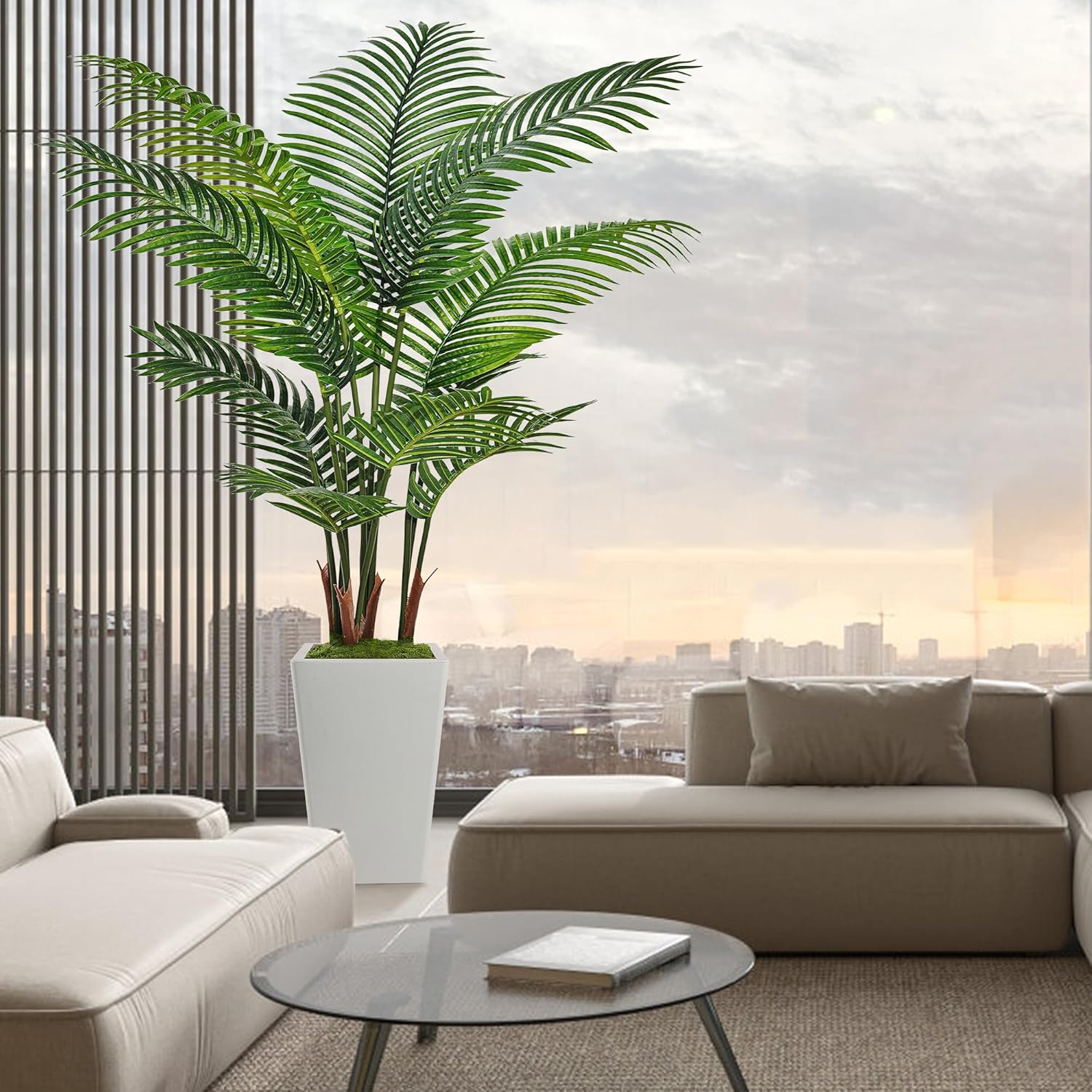 6FT Artificial Palm Tree, Tall Faux Palm Tree Indoor with Fake Plants Tall, Artificial Plants with Lifelike Leaves for Home Office Decor (White)