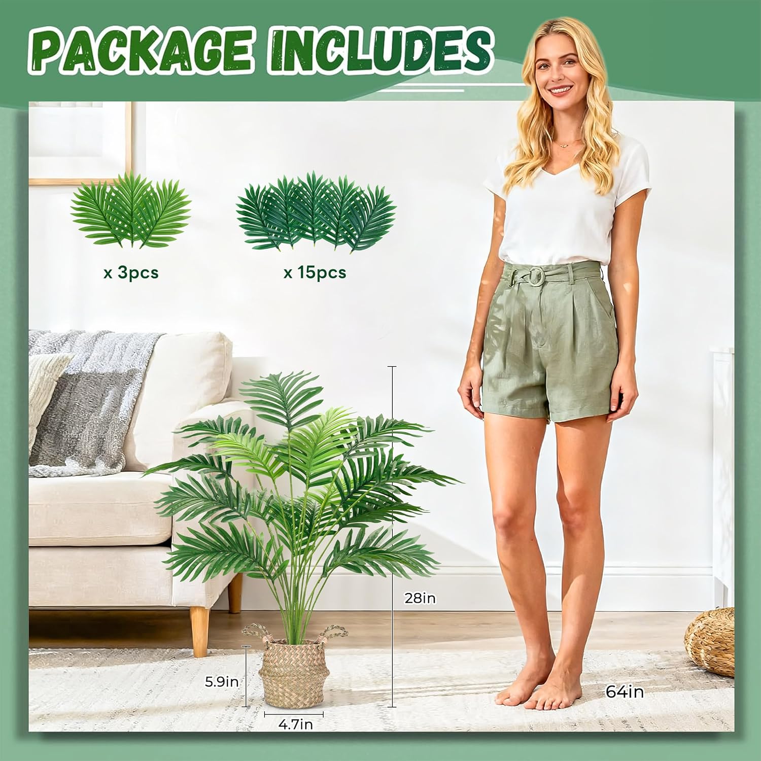 Alternative view of Der Rose Fake Palm Tree 28Inch Faux Plant Potted Tall Fake Plant with Hand-Woven Baskets Artificial Tree for Indoor Outdoor Home Office Bedroom Porch Balcony Decor
