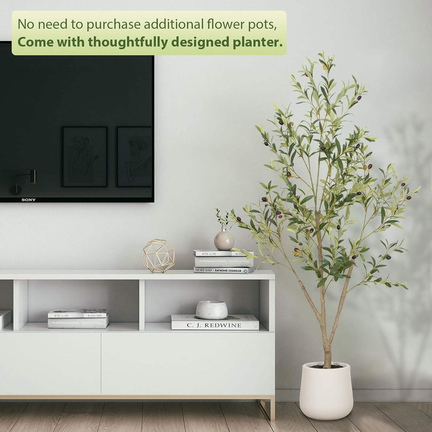 Alternative view of VIVATREES Olive Trees Artificial Indoor, 5FT Tall Faux Olive Tree with White Tall Planter, Artificial Plants with Natural Wood Trunk and Lifelike Fruits for Home Office Decor