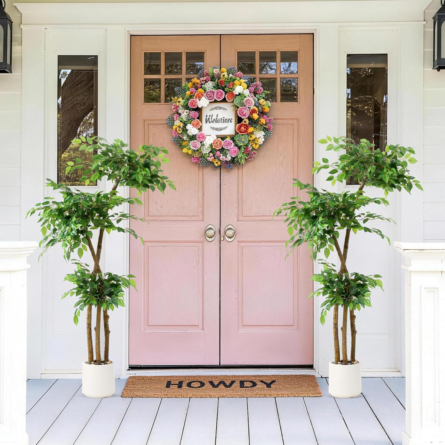 5FT Artificial Ficus Tree with White Planter and Pebbles,Faux Silk Tree with Lifelike Leaves and Realistic Trunk,Tall Fake Potted Plant for Home and Office Décor Indoor and Outdoor (5FT)