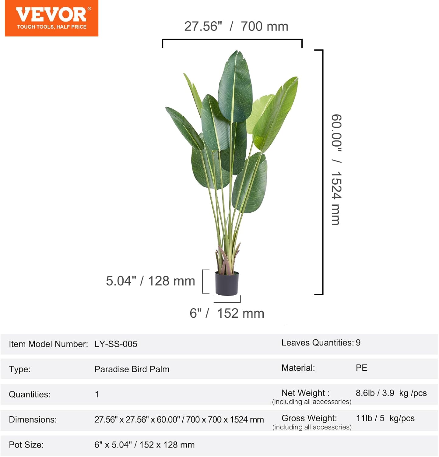 Alternative view of VEVOR Artificial Bird of Paradise Tree, 5 FT Tall Faux Plant, PE Material & Anti-Tip Tilt Protection Low-Maintenance Plant, Lifelike Green Fake Tree for Home Office Warehouse Decor Indoor Outdoor