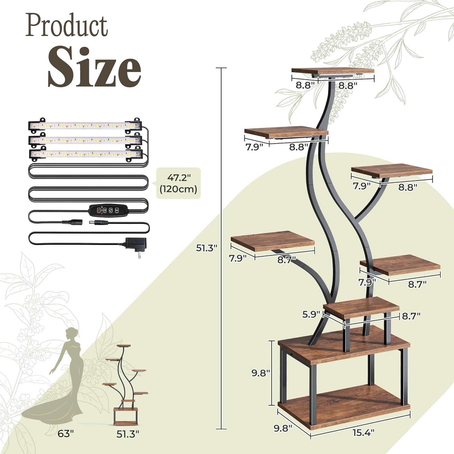 PRAISUN 51.3 Inch Plant Stand with Grow Light, 6 Tiered Indoor Plant Shelf with Larger Flower Holder, Pine-Shaped Stand, 3 Light Modes, Open Base, Corner Plant Rack for Living Room, Rustic Brown