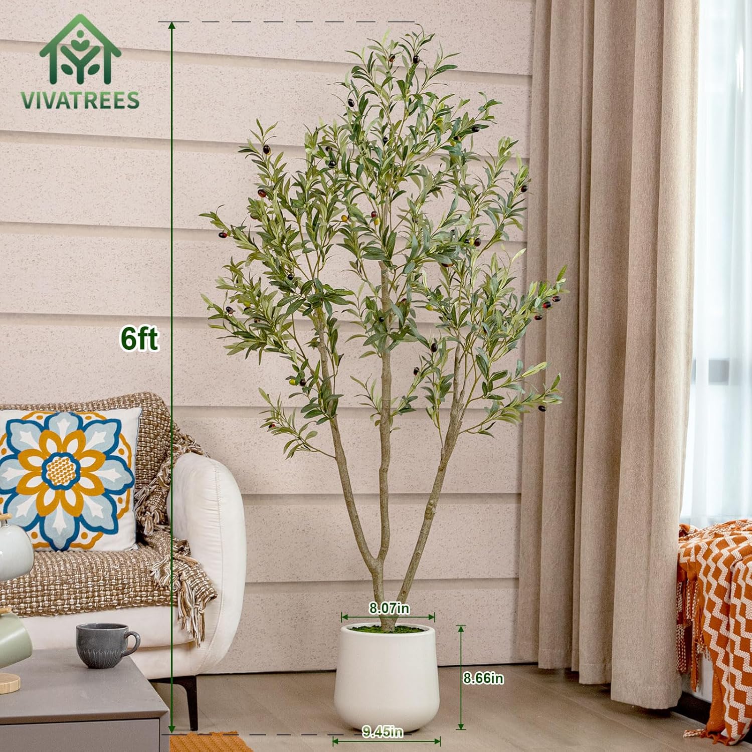VIVATREES Olive Trees Artificial Indoor, 6FT Tall Faux Olive Tree with White Tall Planter, Artificial Plants with Natural Wood Trunk and Lifelike Fruits for Home Office Decor