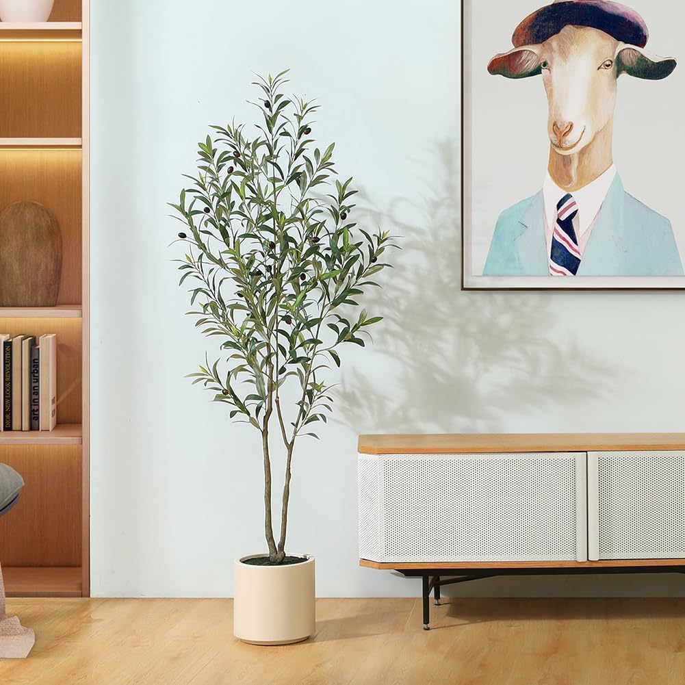 LOMANTO Artificial Olive Trees, 5 ft Tall Fake Olive Trees for Indoor, Faux Olive Silk Tree, Large Olive Plants with White Planter for Home Decor and Housewarming Gift, 1 Pack