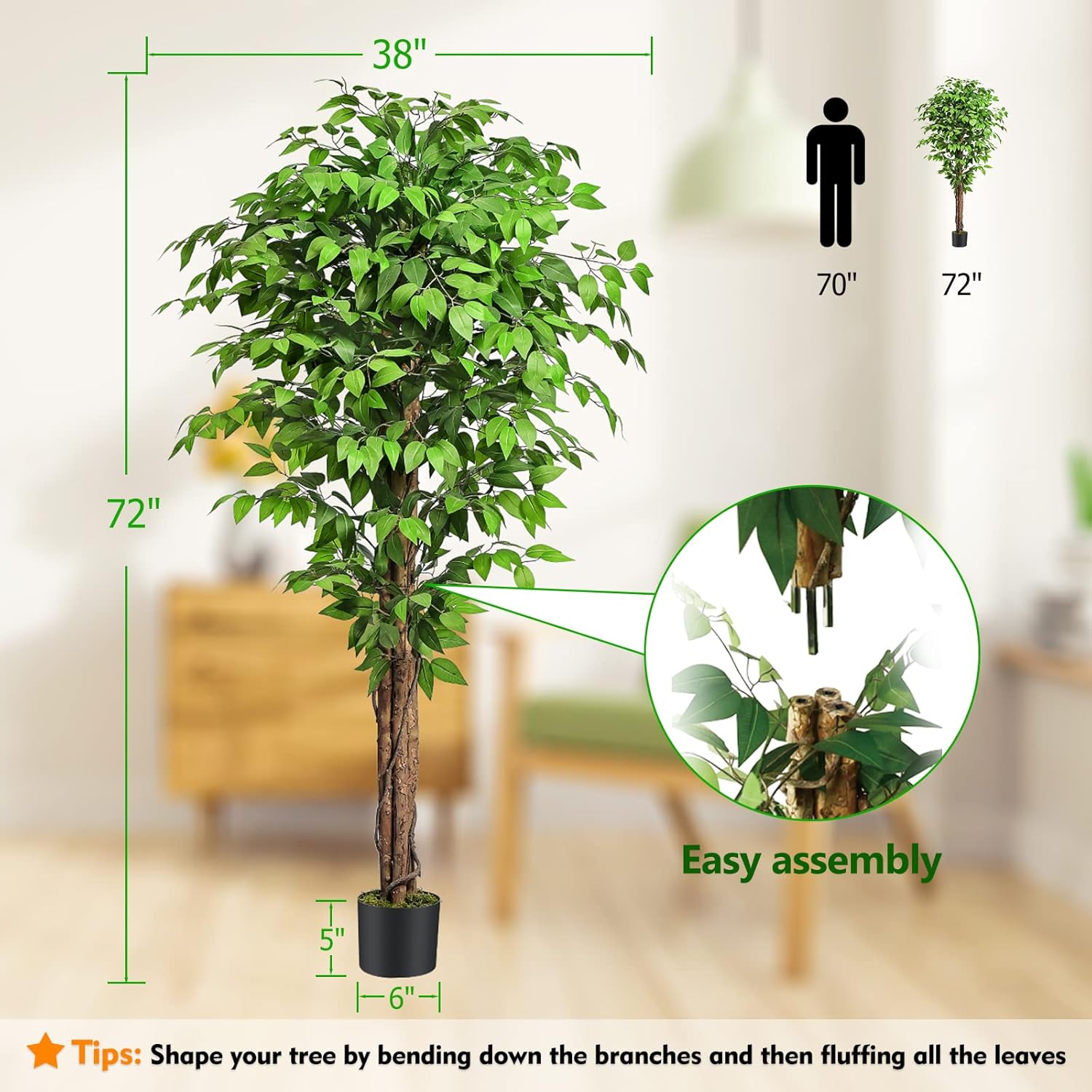 Keeplush 6.2ft Ficus Artificial Trees with 3 Natural Curved Trunks, 74" Tall Lush Faux Tree for Home Decor Indoor, Green Lifelike Fake Ficus Tree Artificial Plants