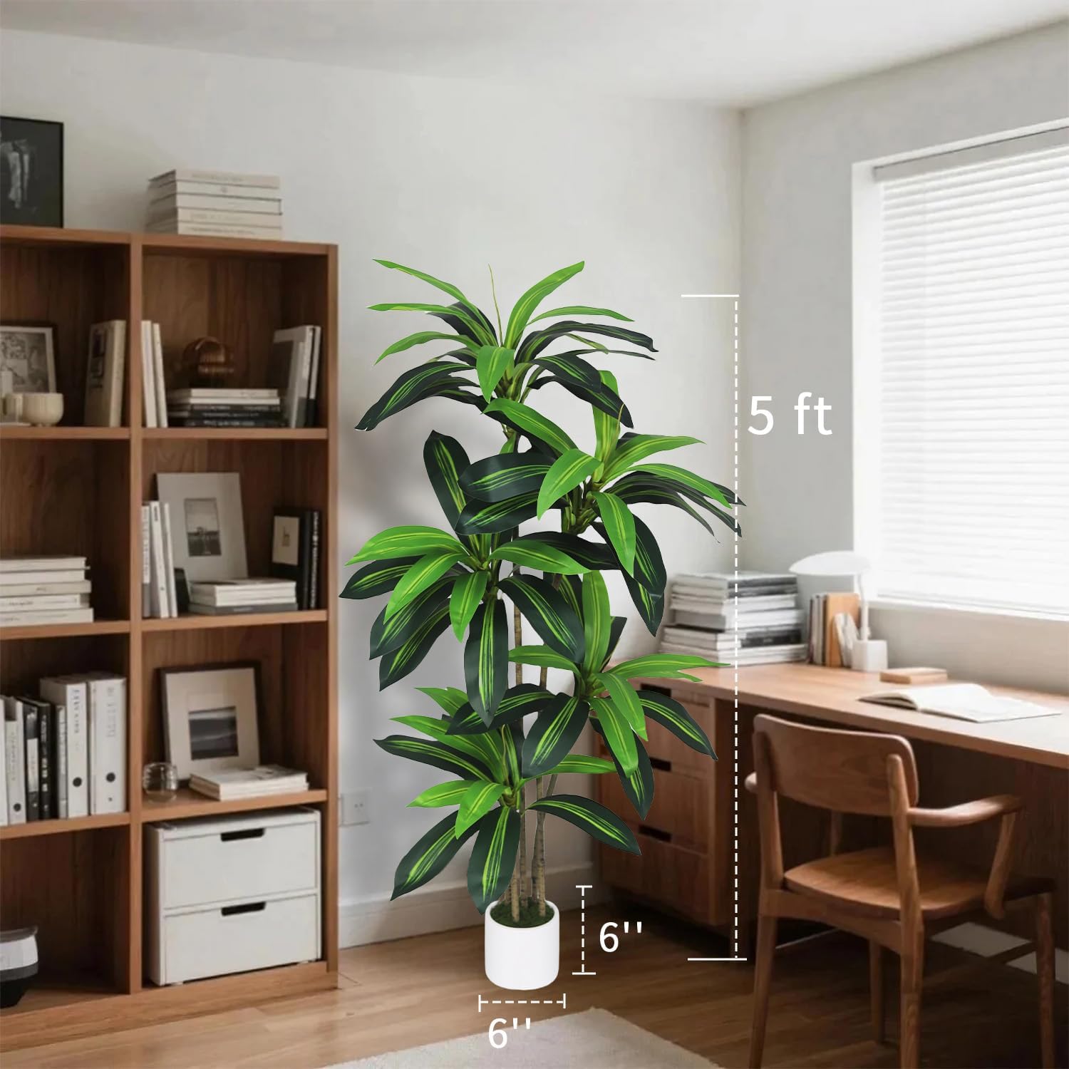 Artificial Dracaena Tree 5FT - Fake Plants Tree with White Planter - Faux Yucca Tree Tall with Lifelike Trunk and Leaves in Pot - Dracaena Artificial Plant for Home Office Living Room Decor