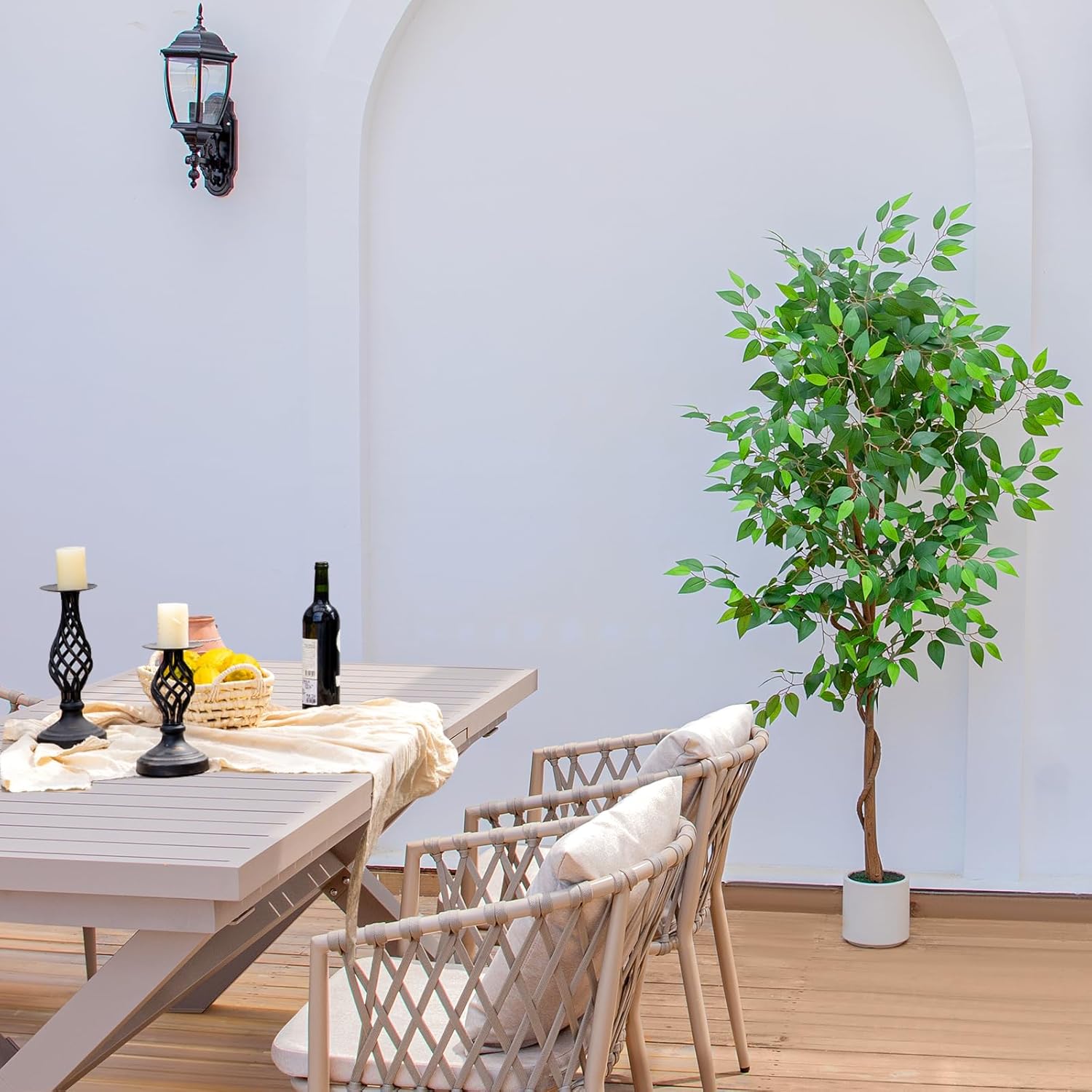 VIVATREES 5FT Artificial Ficus Tree with White Planter, Realistic Faux Silk Indoor Outdoor Plant for Home Office Living Room, Porch, Garden Decor