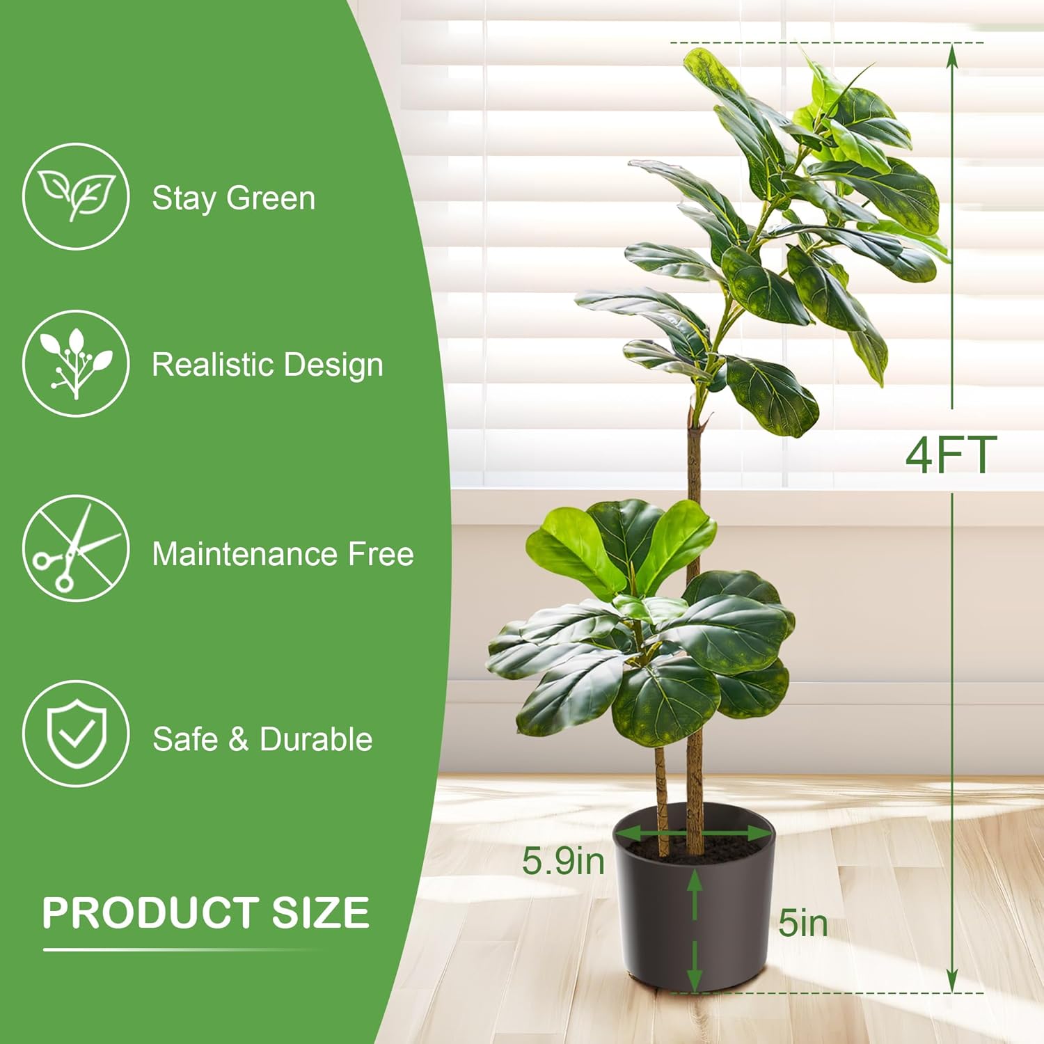 Alternative view of VECELO Artificial Fiddle Leaf Fig Tree 4FT(51in), Tall Fake Floor Plants with Realistic Leaves and Branches in Plastic Pot for Indoor Outdoor Living Room Home Decor