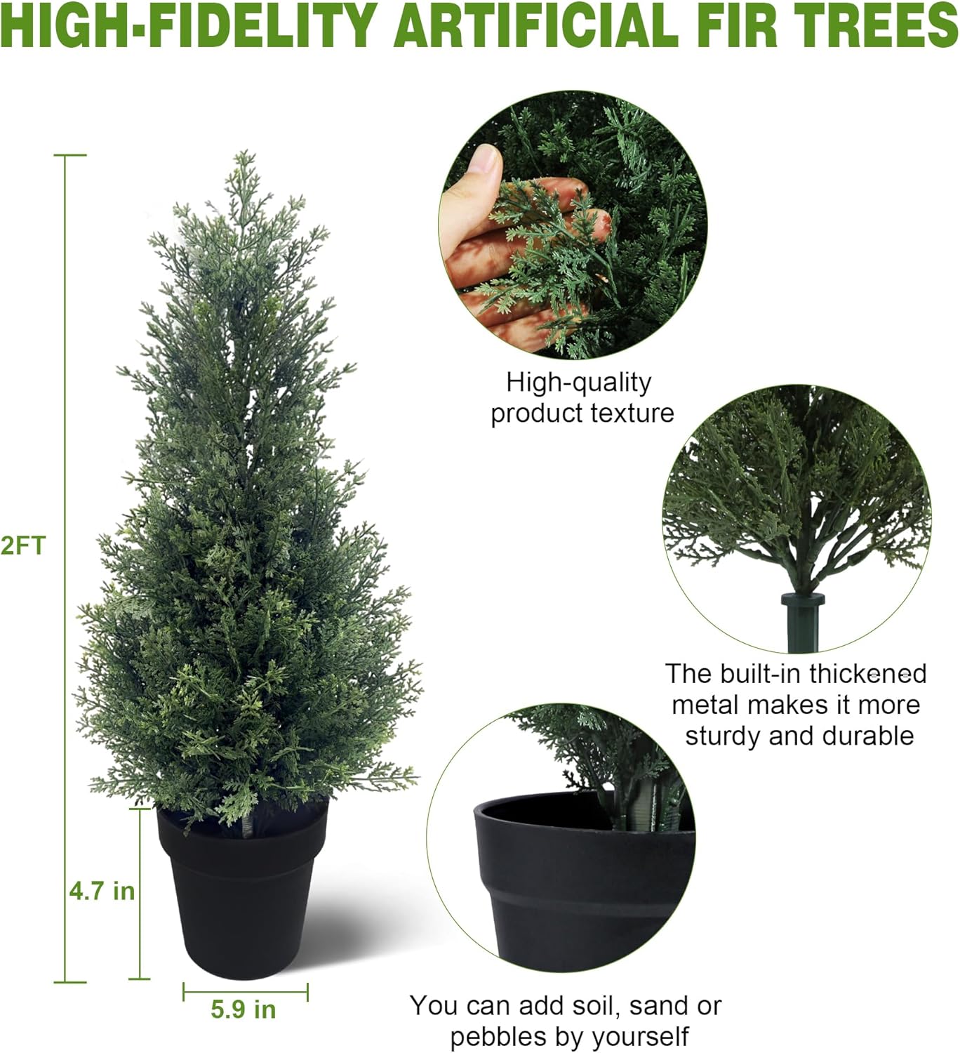 Alternative view of Two 2FT Tall Artificial Evergreen Trees, Beautiful and Realistic Human-Potted False Cypress, an Evergreen Plant for Home Porch Decoration,suitable for interior, office, living room and room decoration