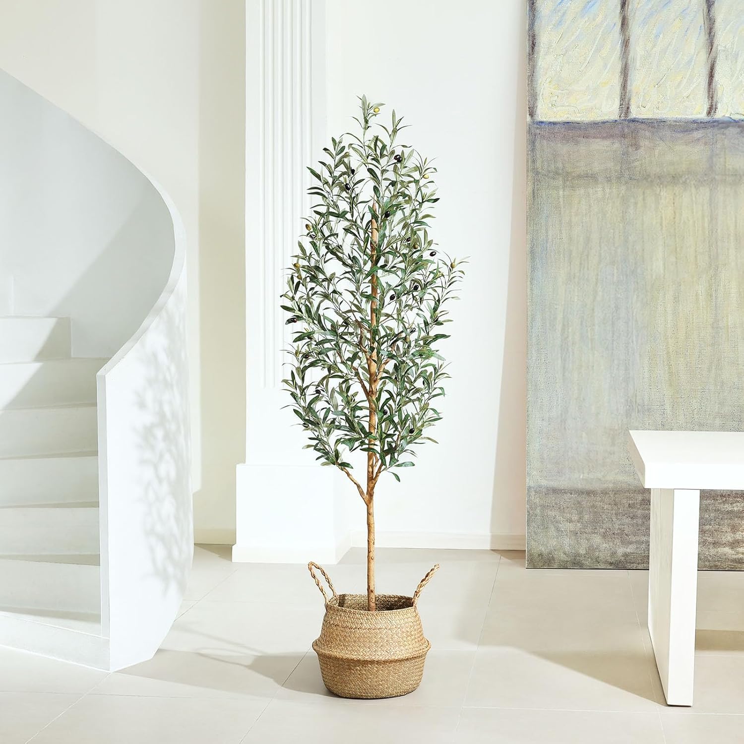 Faux Olive Tree 6FT u2013 Tall Artificial Plants Indoor with Real Wood Trunk & Seagrass Basket, Lifelike Silk Leaves & Fruits u2013 Potted Large Fake Trees for Home, Living Room, Bedroom & Office Decor
