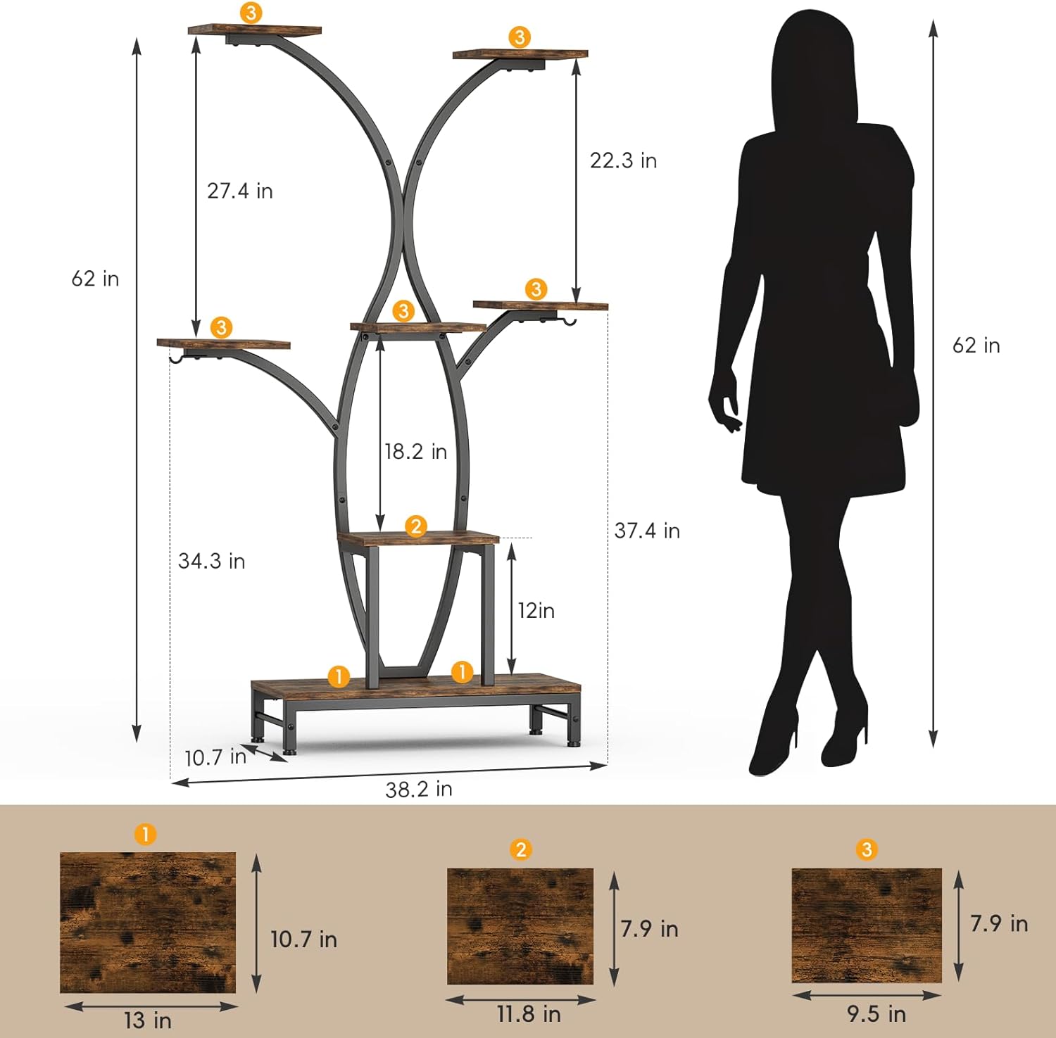 Plant Stand Indoor with Grow Lights - 7 Tiered Metal Corner Shelf for Multiple Plants, 62" Corner Plant Stand for Indoor Plants, Tree-Shaped Plant Rack for Home, Living Room, Office & Patio Decor