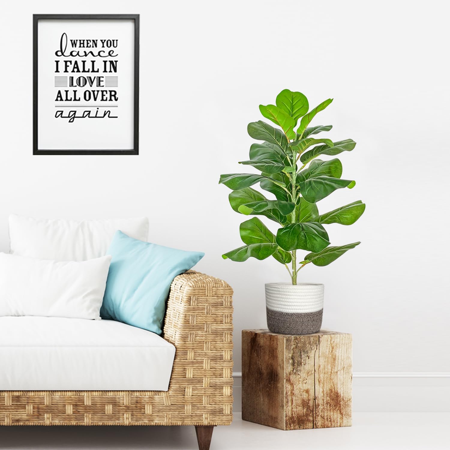 BESAMENATURE Artificial Fiddle Leaf Fig Tree/Faux Ficus Lyrata for Home Office Decoration, 30.5" Tall, with Cotton Rope Basket