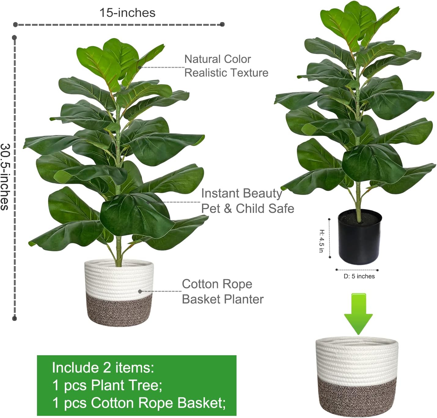 Alternative view of BESAMENATURE Artificial Fiddle Leaf Fig Tree/Faux Ficus Lyrata for Home Office Decoration, 30.5" Tall, with Cotton Rope Basket