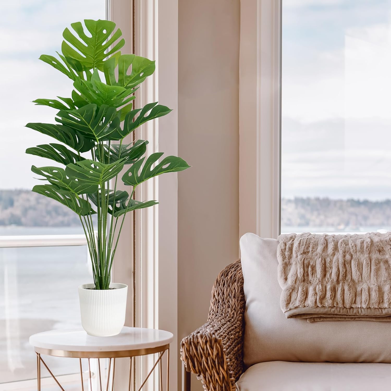 SAJANDAS Set of 2 Artificial Monstera Deliciosa Plants in Pots, Fake Tropical Trees with Greenery Leaves Stems, 32 Inch Faux Swiss Cheese Floor Plants for Home Porch, Garden, Office, Store Decor