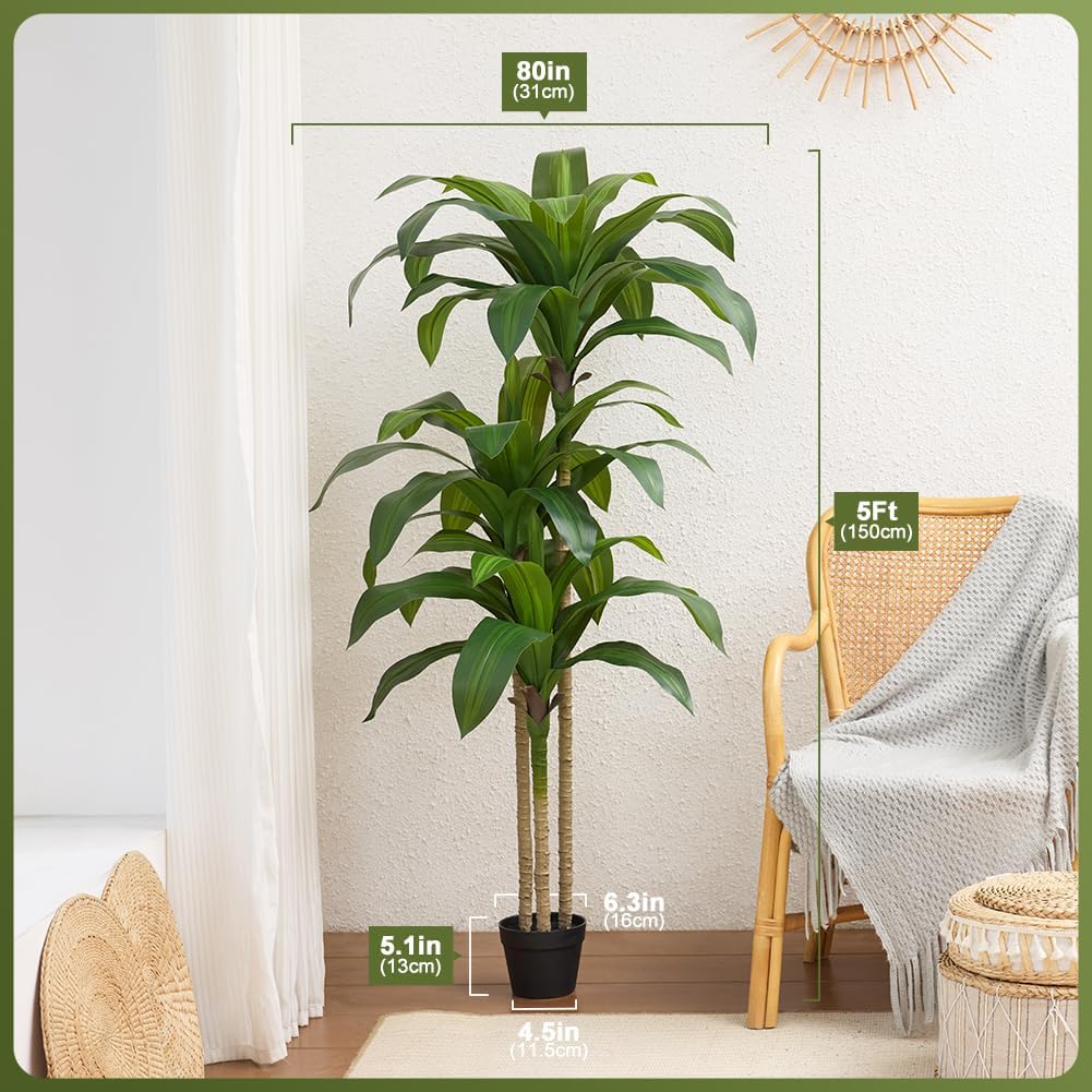 VeriNatural Artificial Dracaena Tree, 5FT Tall Fake Plants with UV Resistant Leaves, Faux Tropical Yucca Trees for Indoor Outdoor, Potted Large Floor Plant for Home Decor Living Room Porch, VN123