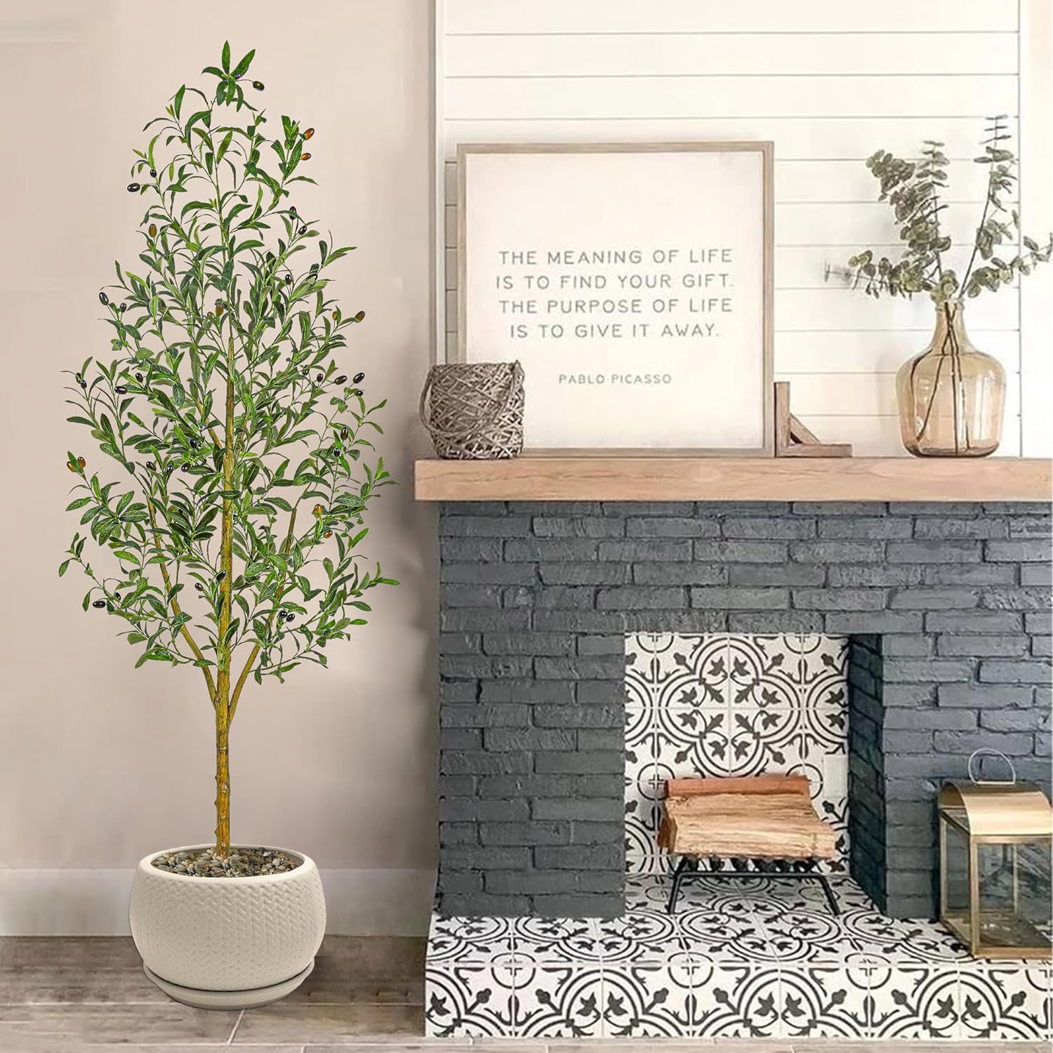 Artificial Olive Tree Artificial Plants, Tall Faux Olive Silk Plant with White Planter Home Office Decor Indoor Fake Potted Tree with Lifelike Fruits Housewarming Gift (1, White, 6FT)