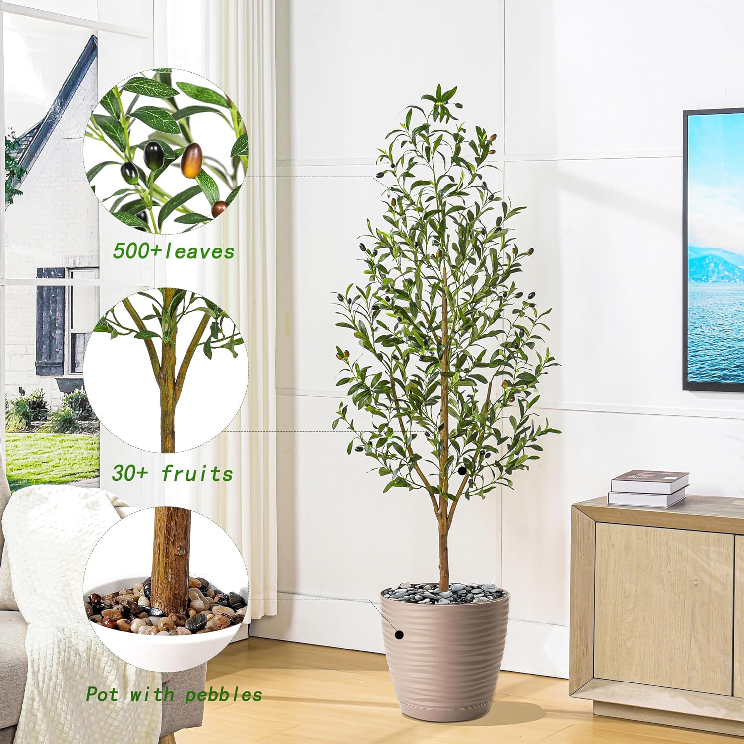 Alternative view of Artificial Olive Tree Artificial Plants, Tall Faux Olive Silk Plant with White Planter Home Office Decor Indoor Fake Potted Tree with Lifelike Fruits Housewarming Gift (1, White, 6FT)