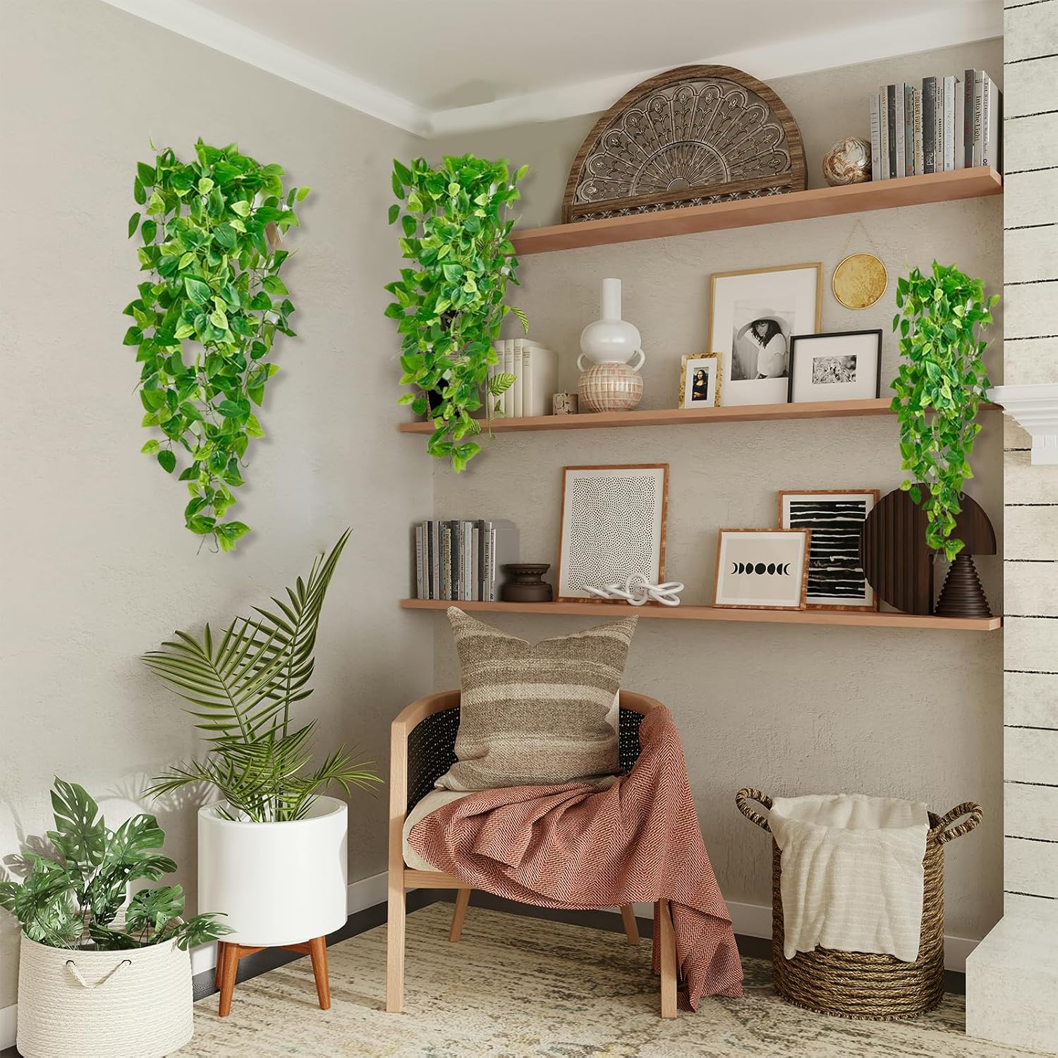 Fake Hanging Plants Vines(2pcs)for Room Decor, Artificial Ivy Greenery Garlands for Home Bedroom Living Aesthetic Kitchen Office Wall Patio Bookshelf,Indoor,Outdoor Farmhouse Decorations(No flowerpot)