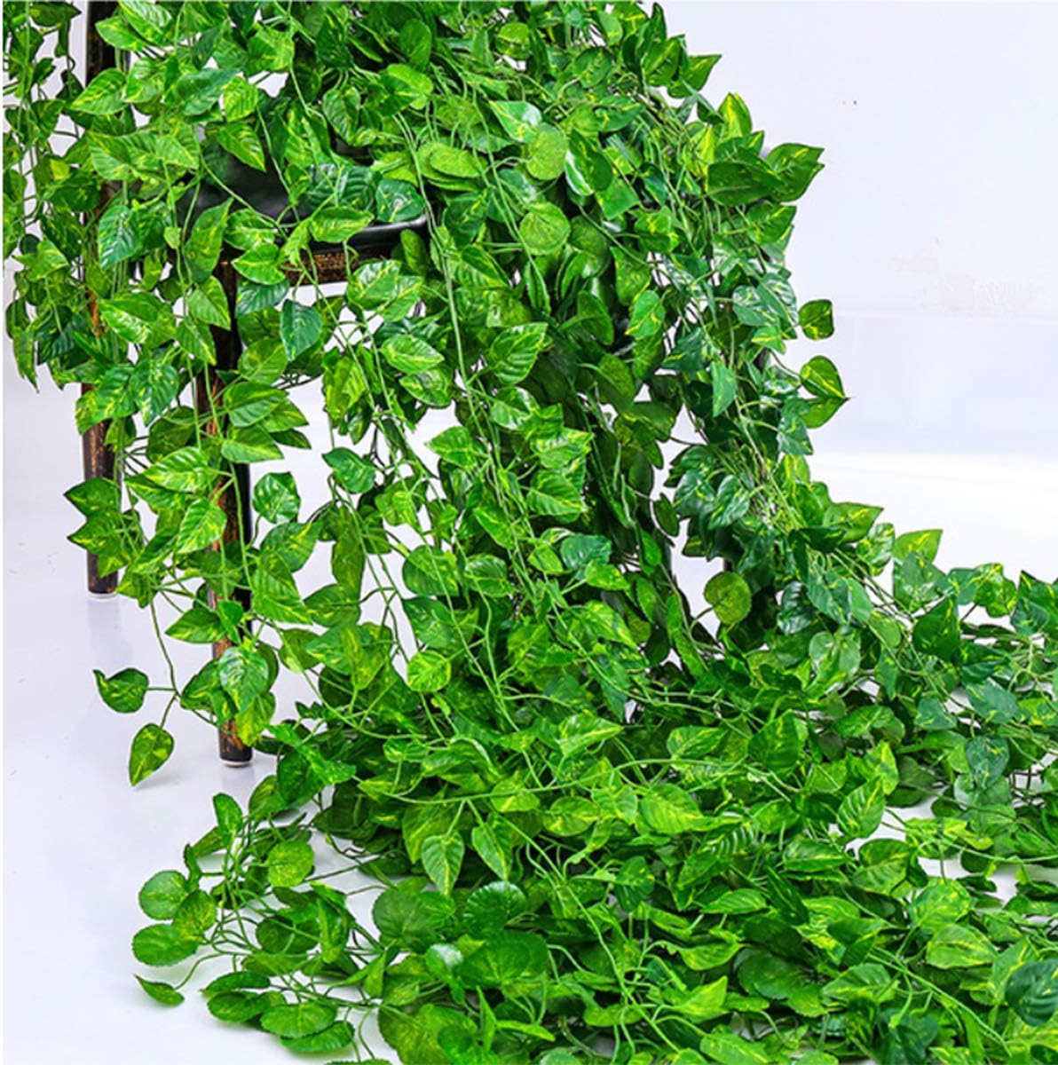 Aeojoor Epipremnum Aureum Leaves, Green Vines Fake Plant Vine Leaves, Hanging Fake Vine Leaves, Home Kitchen Garden Office Wedding Wall Decor (Pack of 12 86 Inch Fake Plants)